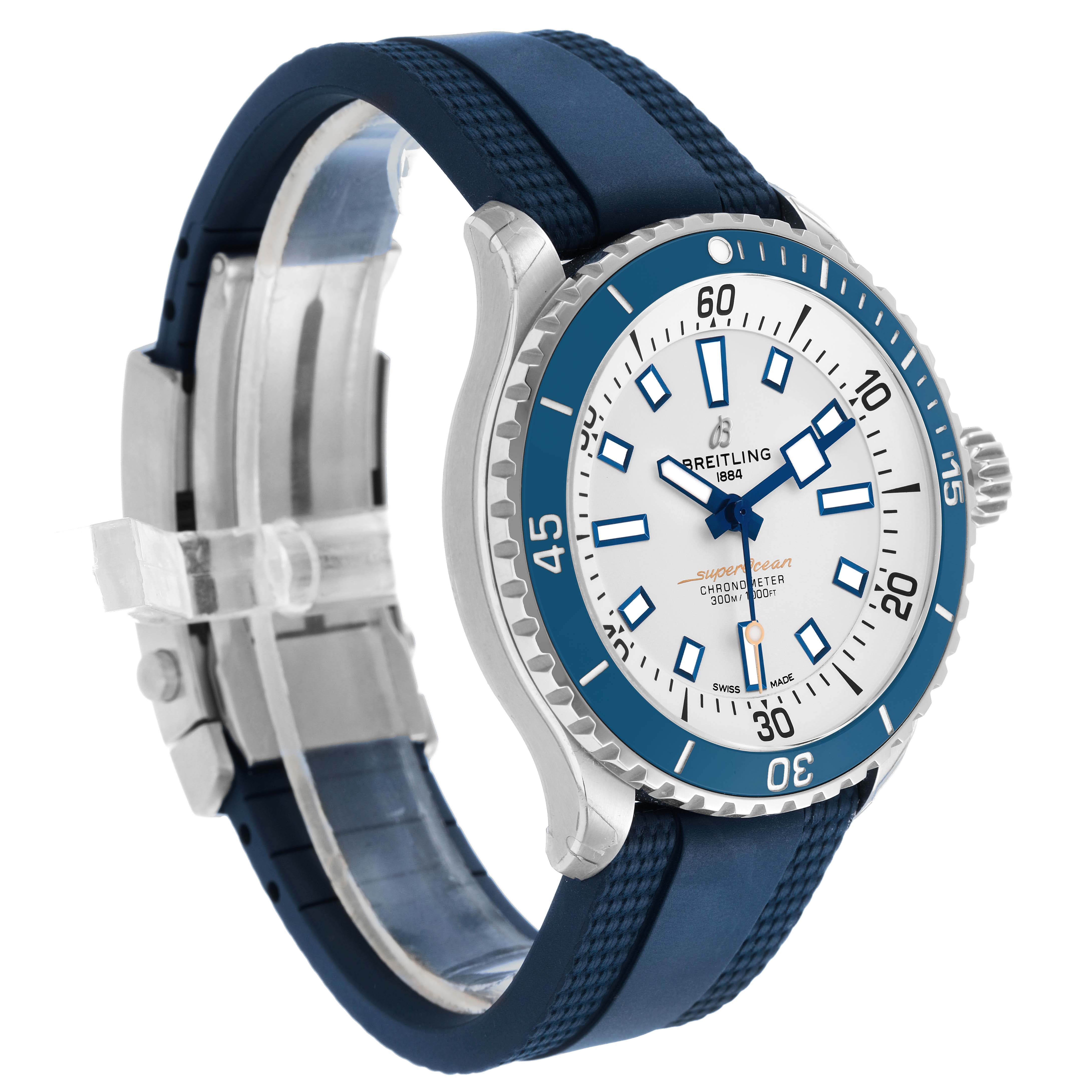 The Breitling Superocean A17375 Men's Stainless Steel Blue Dial watch is shown in a side angle, displaying the face, bezel, crown, and blue strap.