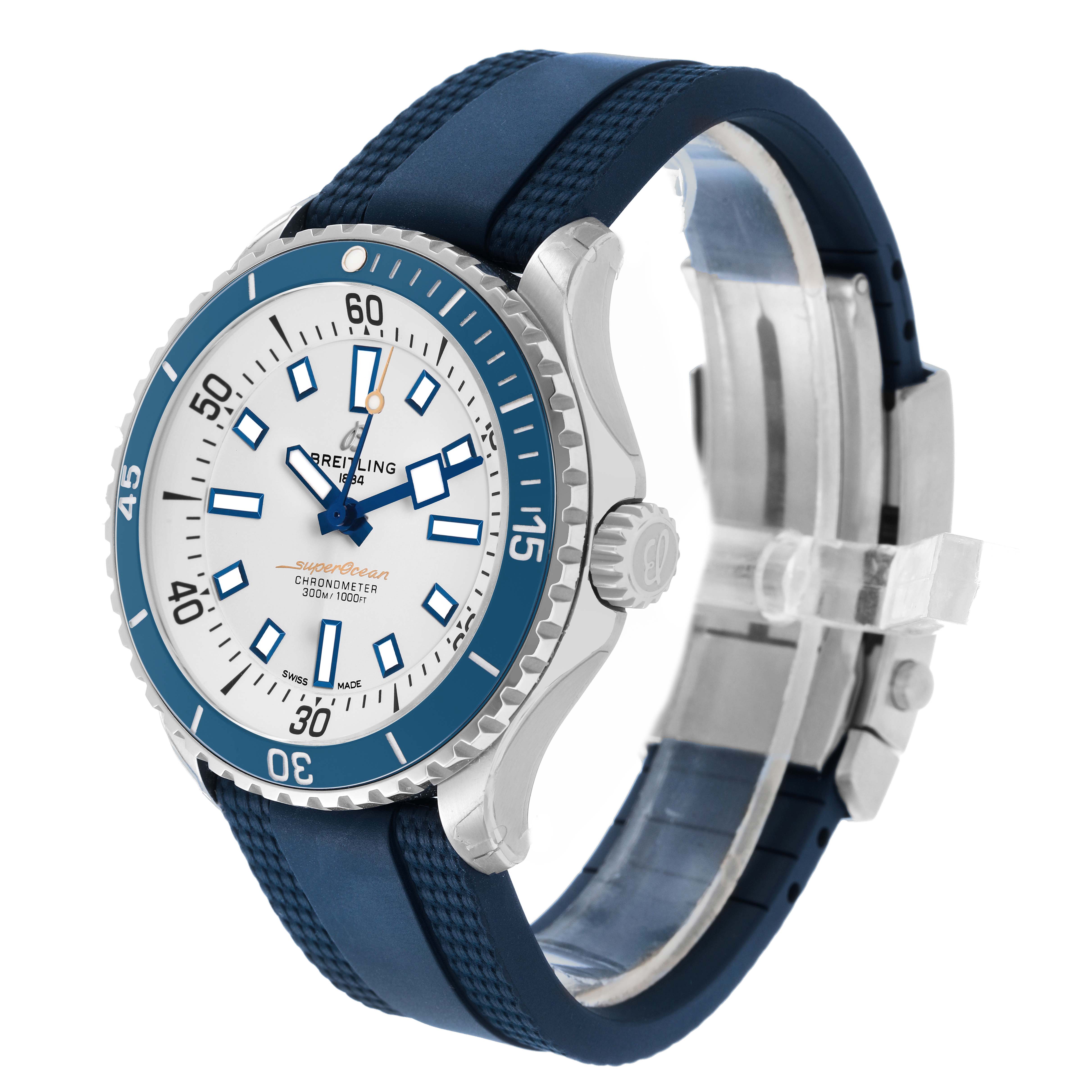 The Breitling Superocean A17375 Men's Stainless Steel Blue Dial watch is shown at an angle displaying the face, bezel, crown, and part of the strap.