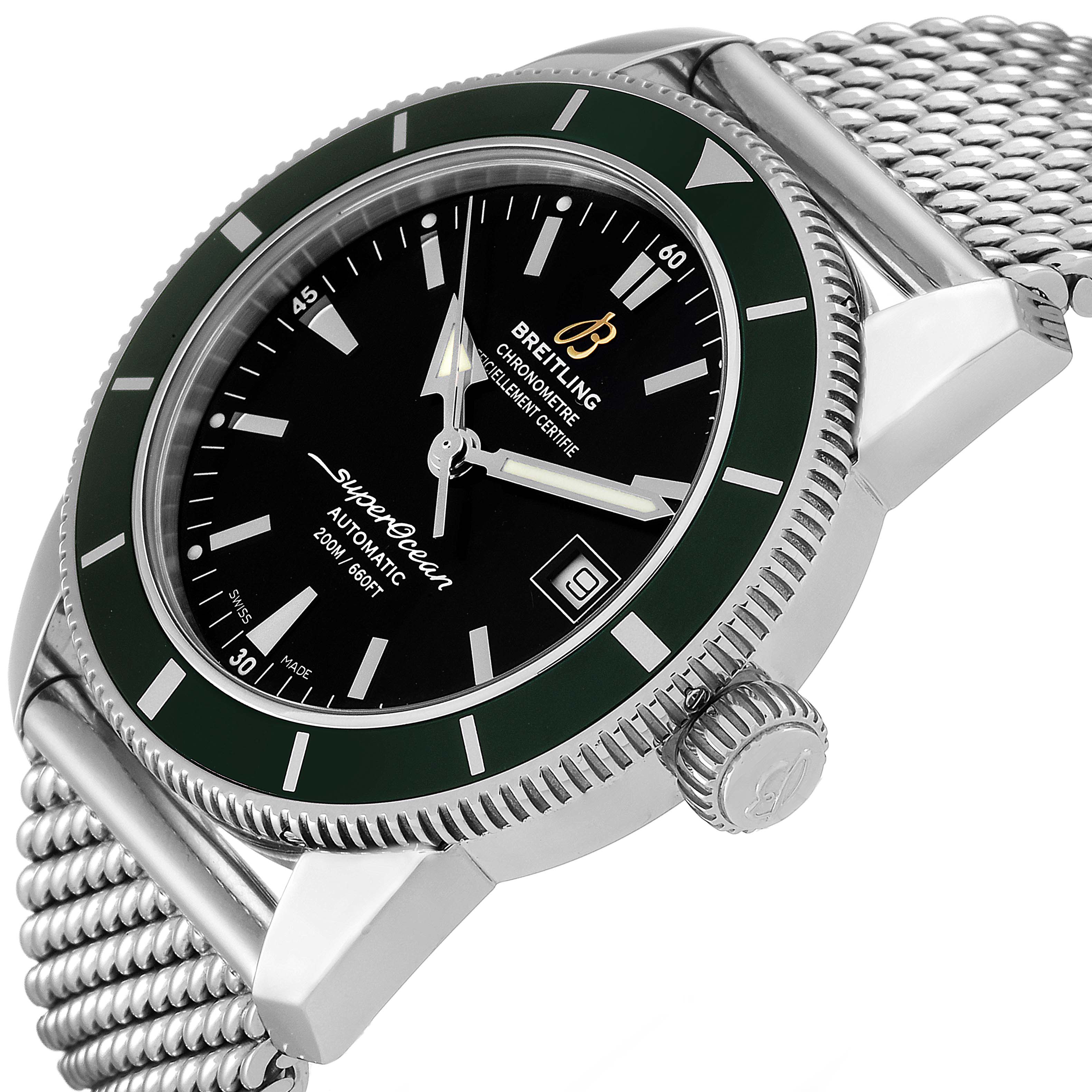 The image shows a Breitling Superocean A17321 Men's Stainless Steel Black Dial A17321 Men's Stainless Steel Black Dial watch angled from the front-right, displaying the face, bezel, crown, and part of the bracelet.