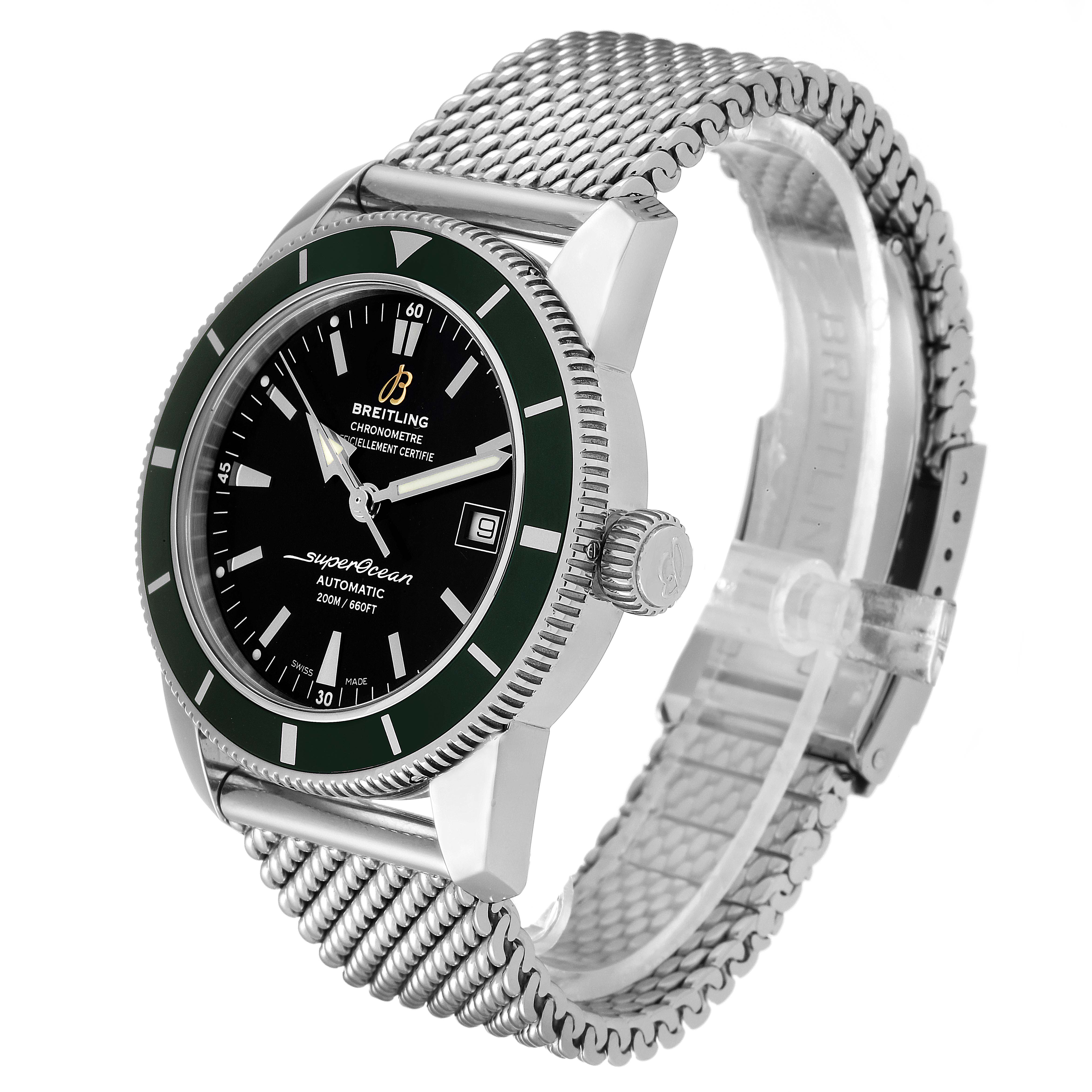 The Breitling Superocean A17321 Men's Stainless Steel Black Dial A17321 Men's Stainless Steel Black Dial watch is shown at an oblique angle, displaying its dial, bezel, crown, and metal mesh bracelet.