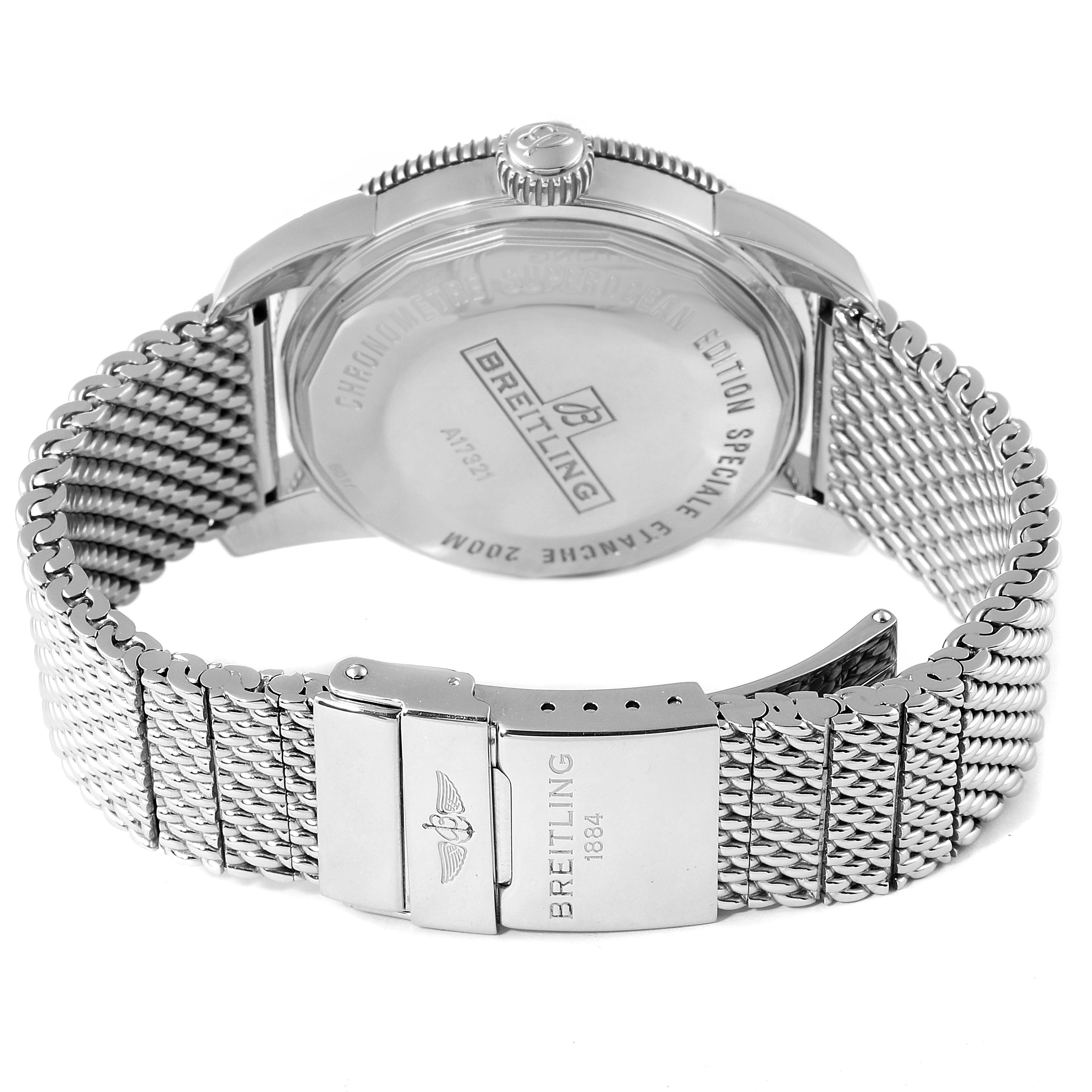 The image shows the back case and stainless steel mesh strap of the Breitling Superocean A17321 Men's Stainless Steel Black Dial A17321 Men's Stainless Steel Black Dial watch at a slightly elevated rear angle.