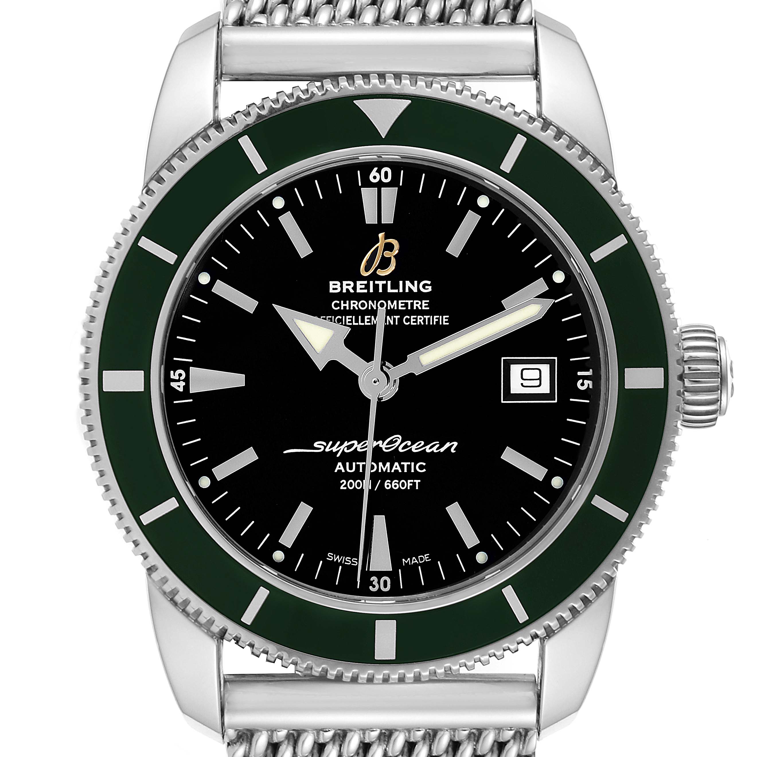 The image shows a frontal view of the Breitling Superocean A17321 Men's Stainless Steel Black Dial A17321 Men's Stainless Steel Black Dial watch, displaying the dial, bezel, crown, and part of the metal bracelet.