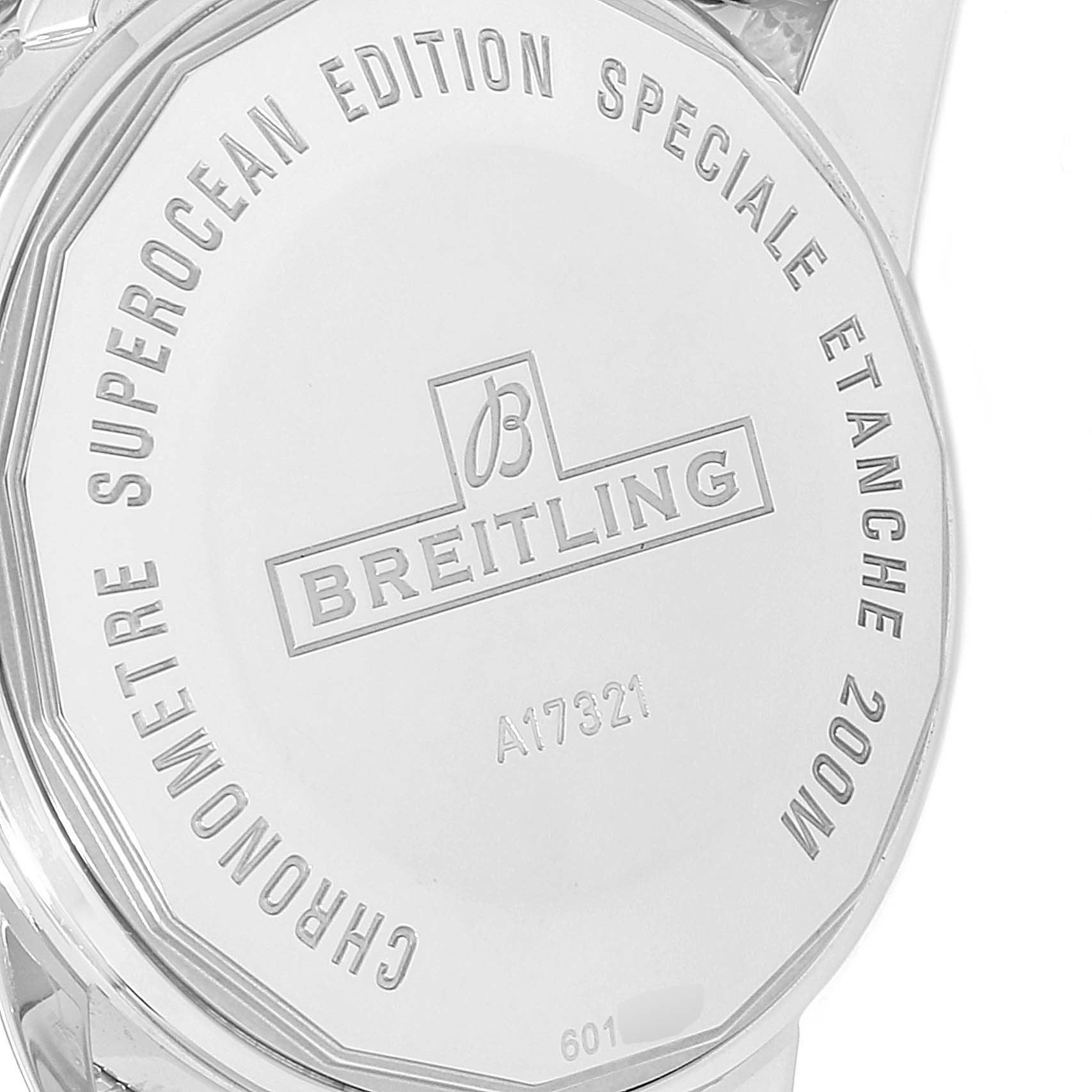 This image shows the back case of a Breitling Superocean A17321 Men's Stainless Steel Black Dial A17321 Men's Stainless Steel Black Dial watch, engraved with branding and specifications.