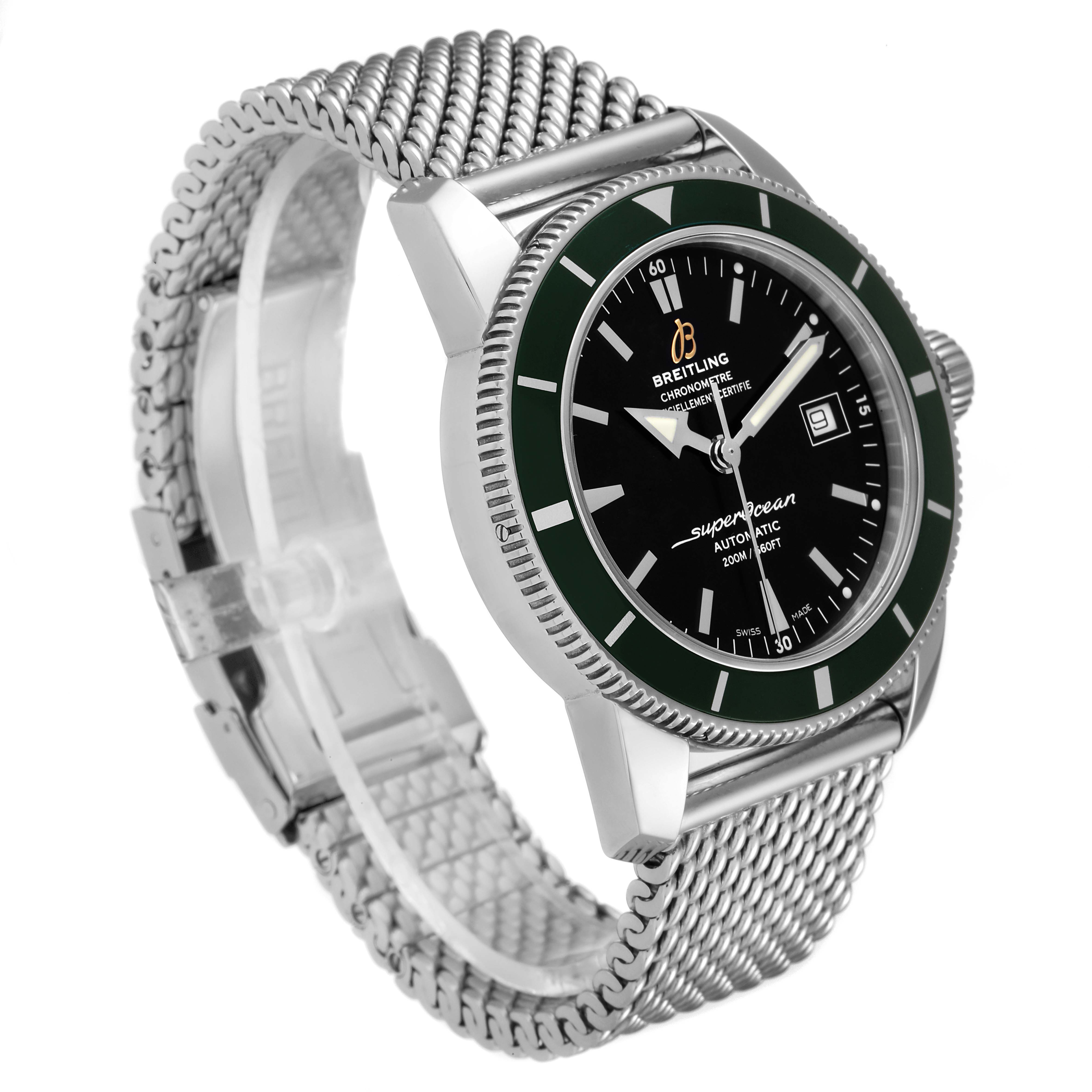 This image shows a Breitling Superocean A17321 Men's Stainless Steel Black Dial A17321 Men's Stainless Steel Black Dial watch at a three-quarter angle, displaying the face, bezel, case, and metal mesh strap.