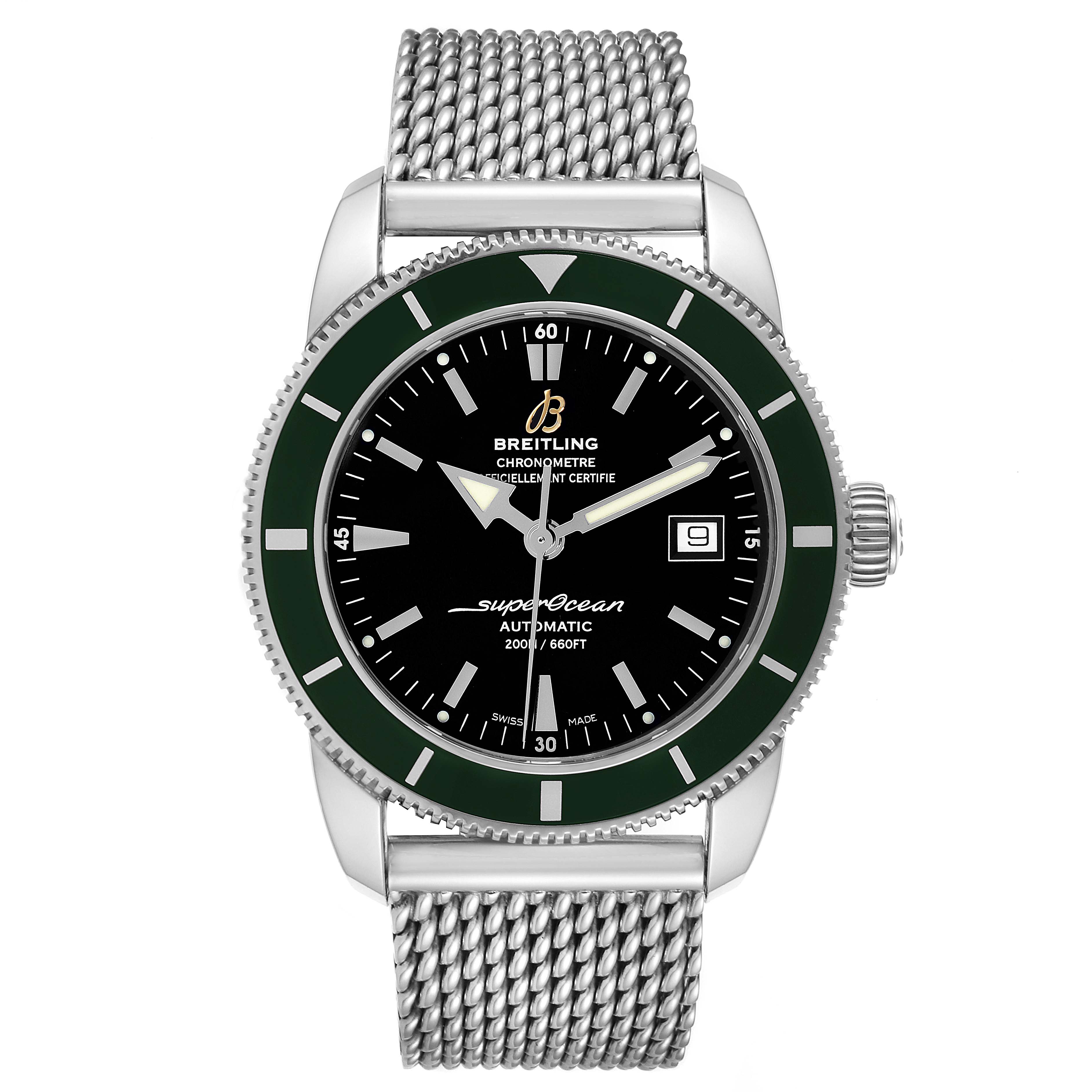 This image shows a front view of the Breitling Superocean A17321 Men's Stainless Steel Black Dial A17321 Men's Stainless Steel Black Dial watch, highlighting its dial, bezel, and mesh bracelet.