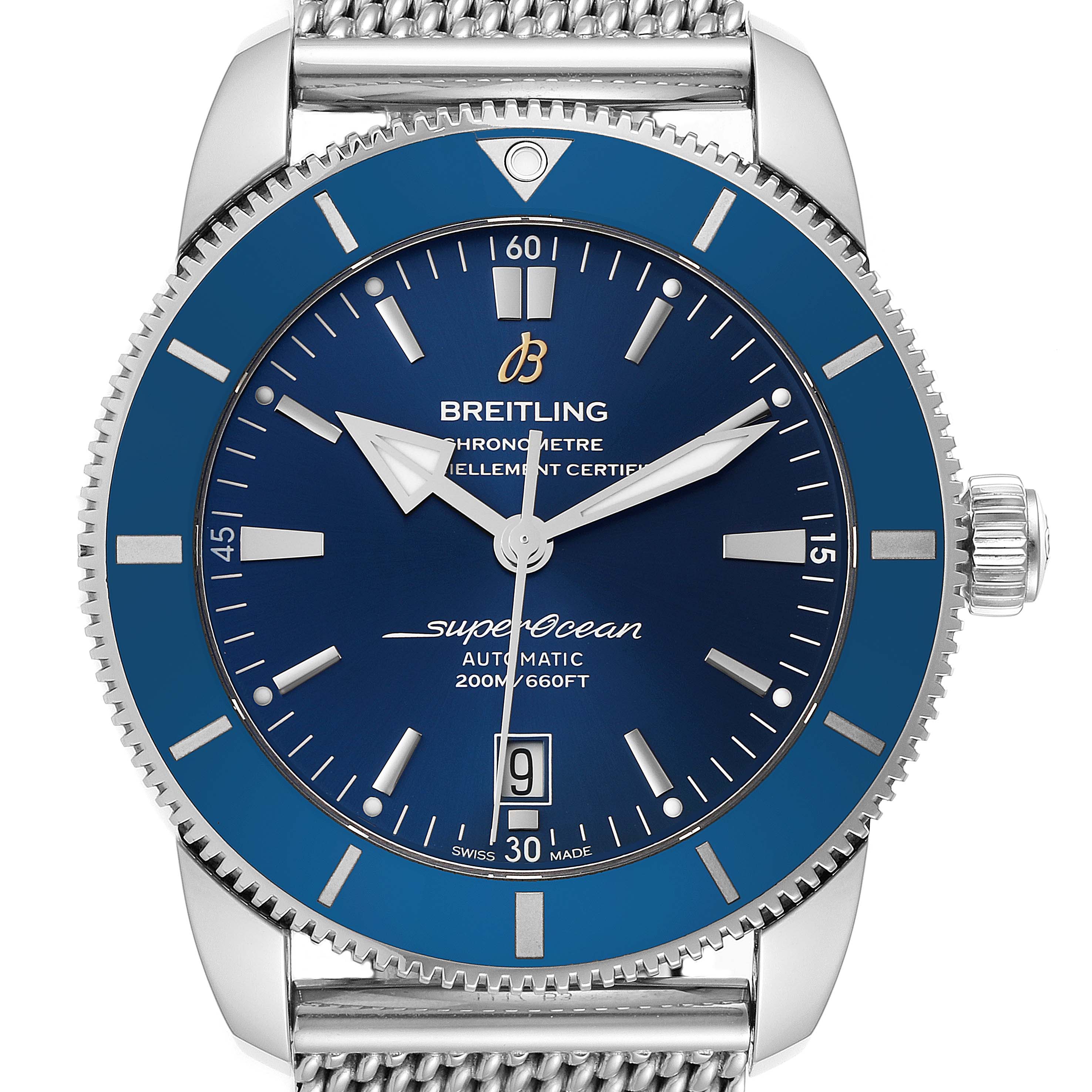 This image shows the front view of the Breitling Superocean AB202016-C961-152A Men's Stainless Steel Blue Dial AB202016-C961-152A Men's Stainless Steel Blue Dial watch, featuring a blue dial, date window, and mesh bracelet.