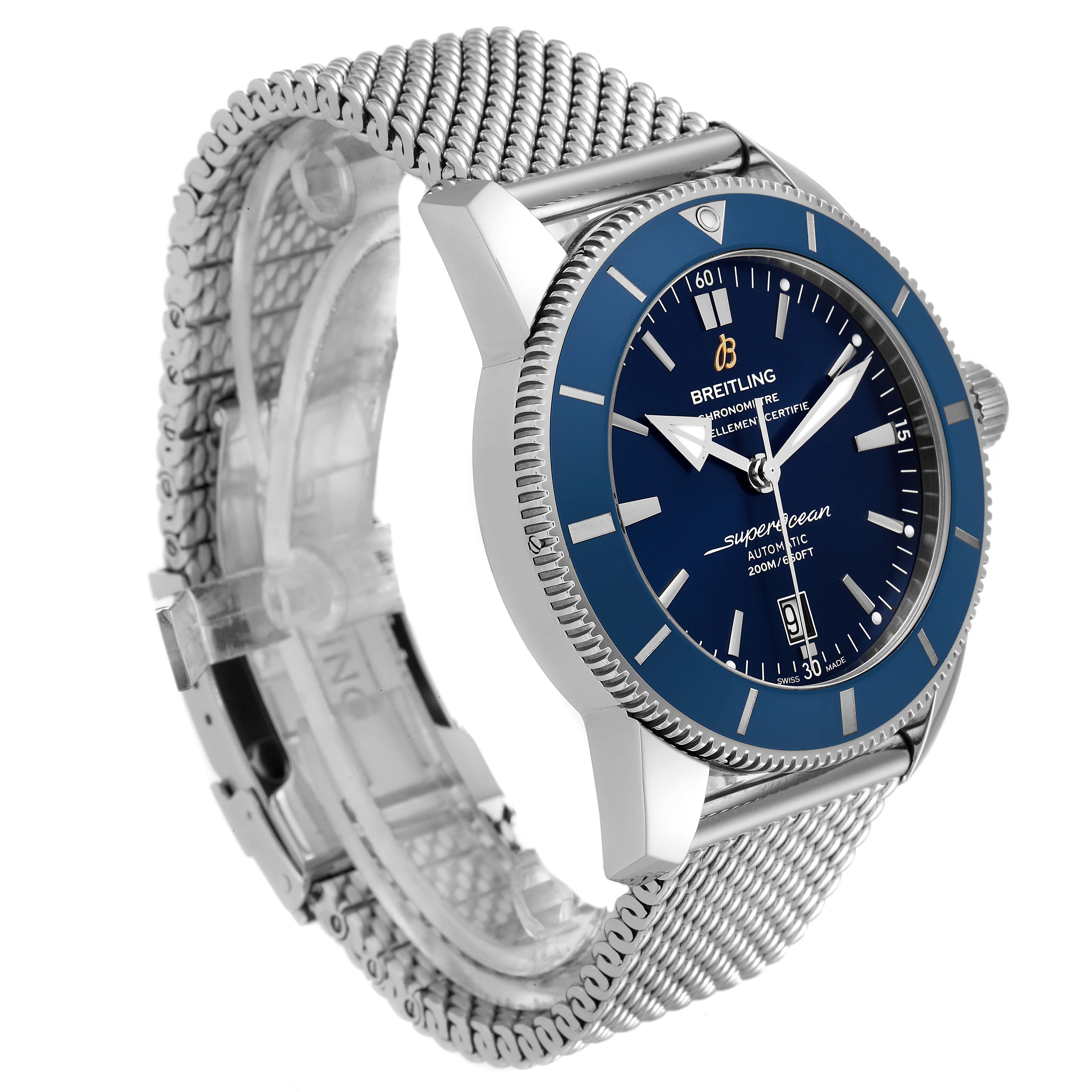 The image shows a Breitling Superocean AB202016-C961-152A Men's Stainless Steel Blue Dial AB202016-C961-152A Men's Stainless Steel Blue Dial watch from an angled side view, highlighting its blue dial, metal mesh bracelet, and bezel.