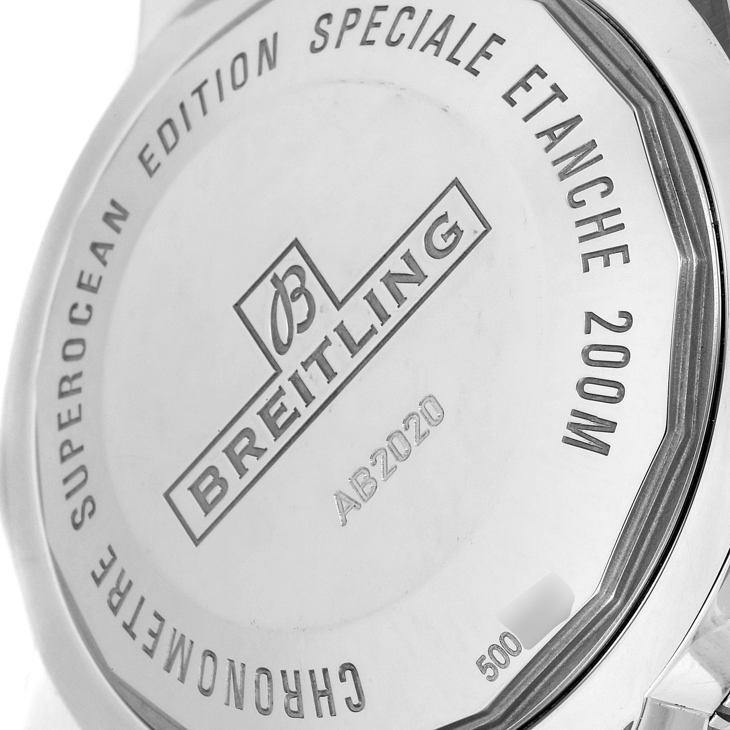 The image shows the back case of a Superocean model by Breitling, highlighting its engravings and specifications.