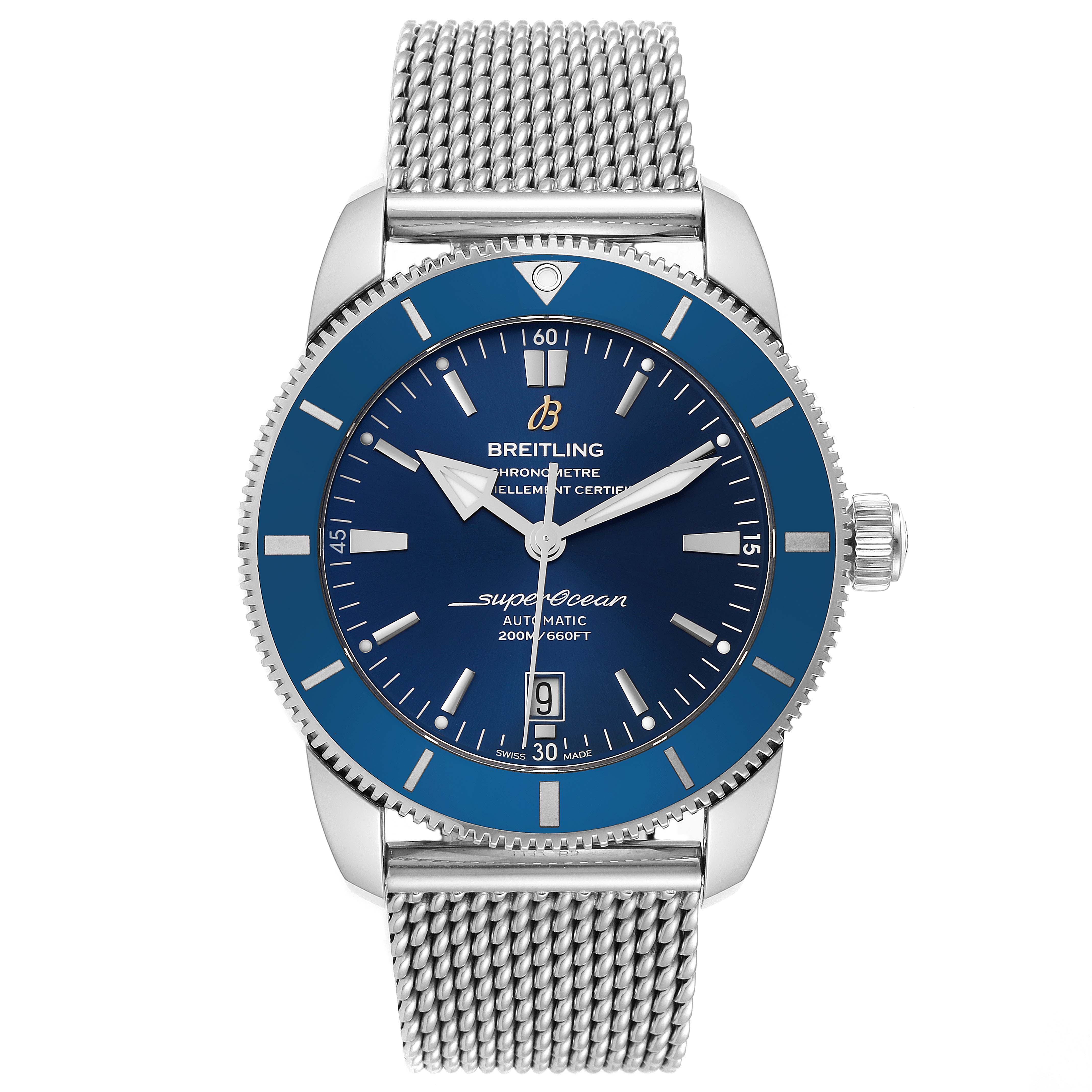 This is a frontal view of a Breitling Superocean AB202016-C961-152A Men's Stainless Steel Blue Dial AB202016-C961-152A Men's Stainless Steel Blue Dial watch showing the dial, bezel, and mesh bracelet.