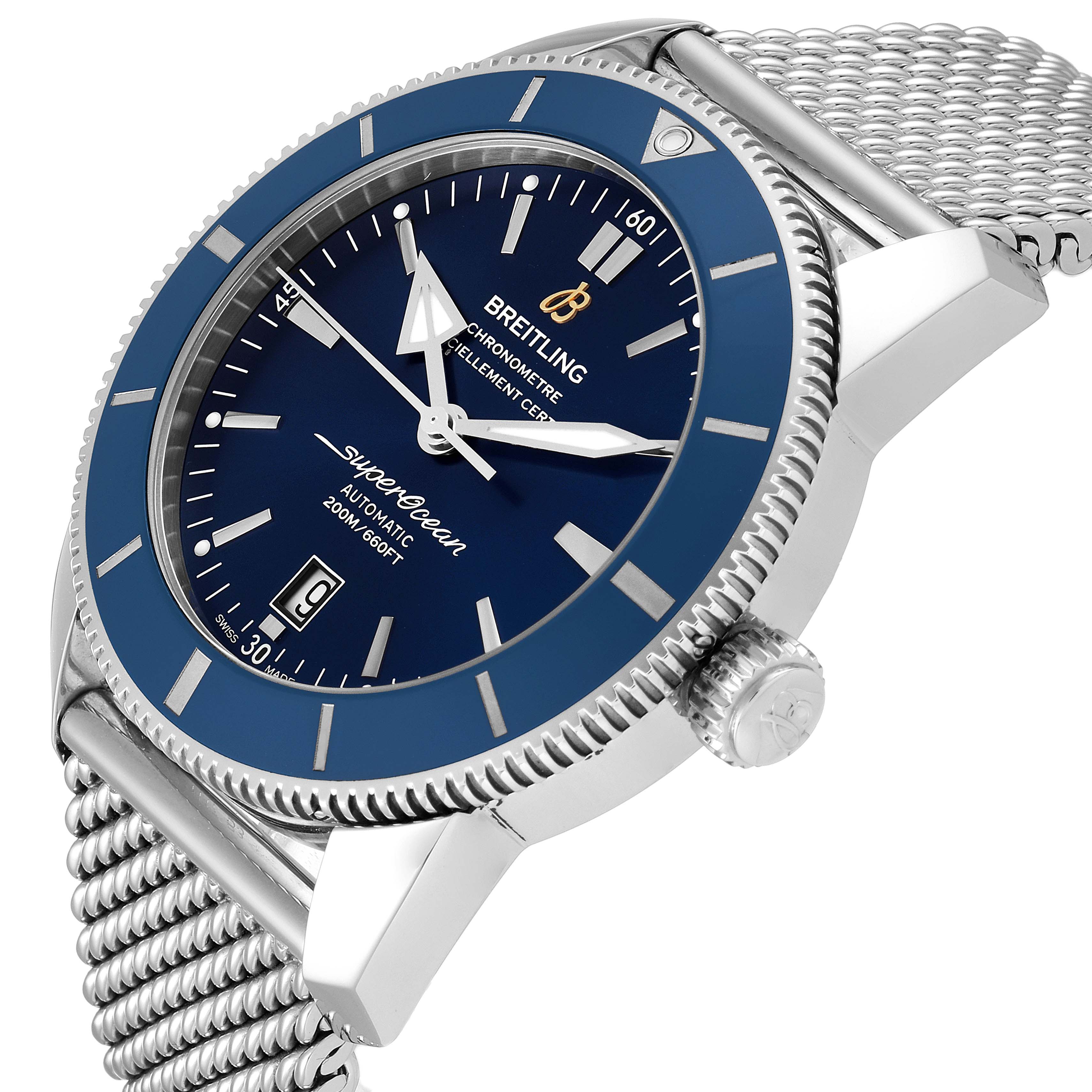 The image shows a side and partial top view of a Breitling Superocean AB202016-C961-152A Men's Stainless Steel Blue Dial AB202016-C961-152A Men's Stainless Steel Blue Dial watch, highlighting the dial, bezel, crown, and metal band.