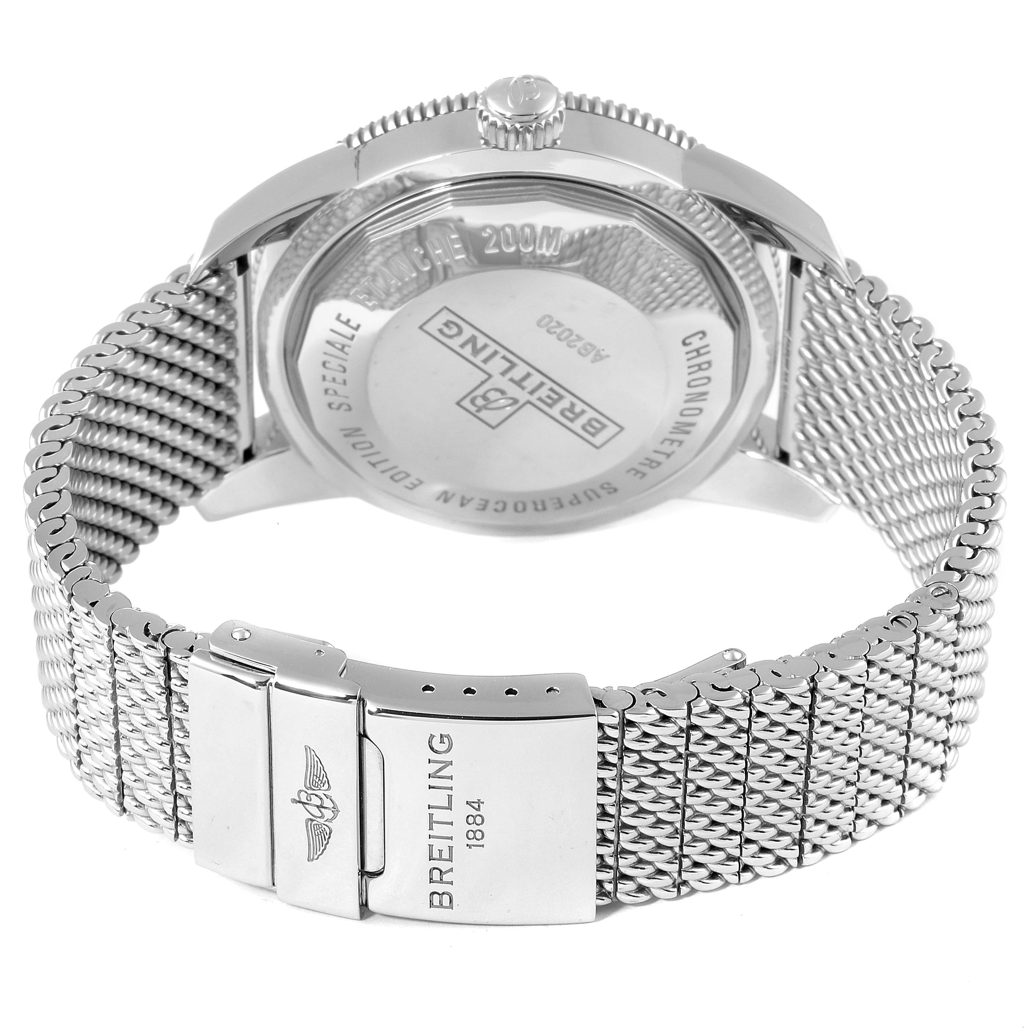 The image shows the back view of a Breitling Superocean AB202016-C961-152A Men's Stainless Steel Blue Dial AB202016-C961-152A Men's Stainless Steel Blue Dial watch, highlighting its case back, crown, and metal mesh bracelet with clasp.