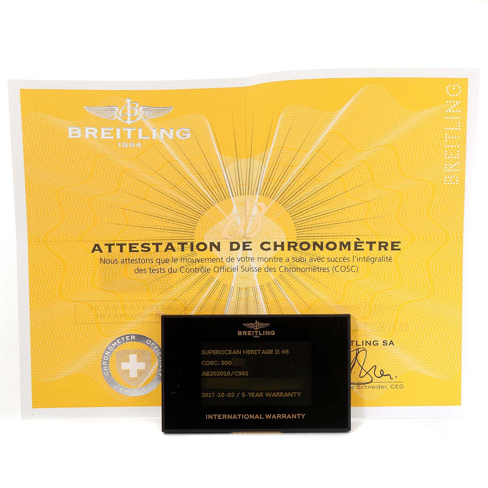 The image shows the certification and warranty card for the Breitling Superocean AB202016-C961-152A Men's Stainless Steel Blue Dial AB202016-C961-152A Men's Stainless Steel Blue Dial Heritage II 46 model.