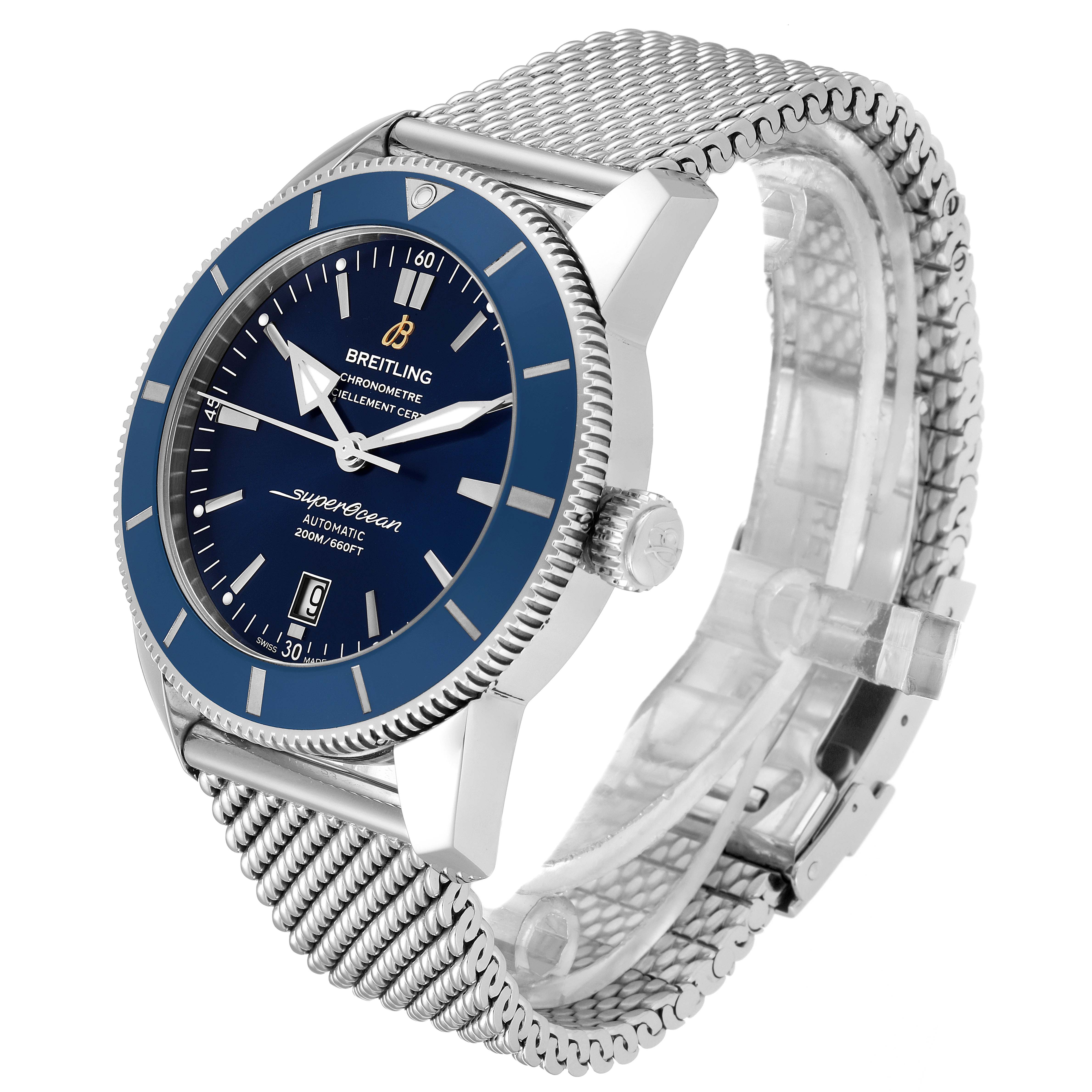 This image shows a Breitling Superocean AB202016-C961-152A Men's Stainless Steel Blue Dial AB202016-C961-152A Men's Stainless Steel Blue Dial watch from a side angle, highlighting its bezel, dial, crown, and mesh bracelet.