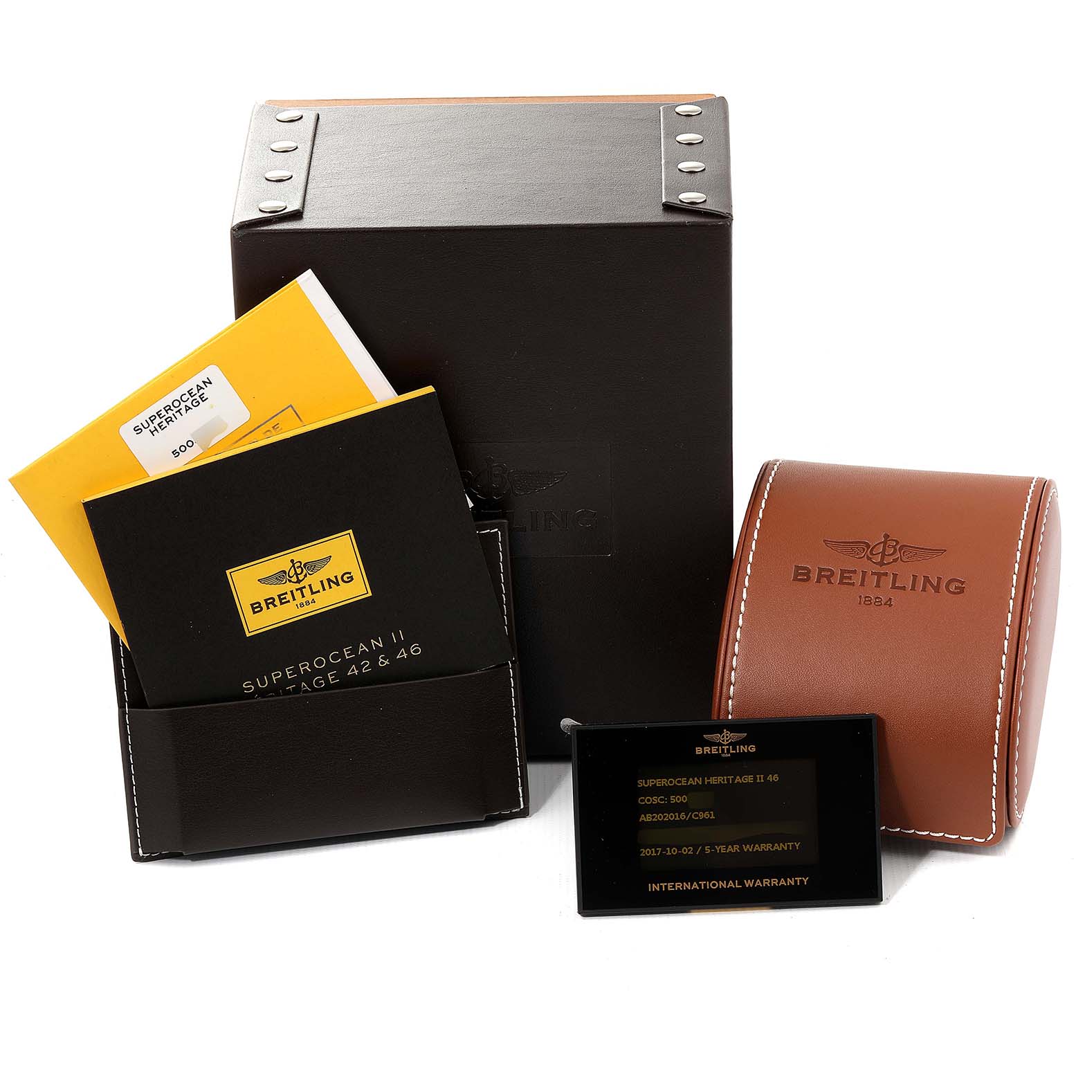 The image shows the packaging and accessories for the Breitling Superocean AB202016-C961-152A Men's Stainless Steel Blue Dial AB202016-C961-152A Men's Stainless Steel Blue Dial model, including manuals, a warranty card, and a watch case.