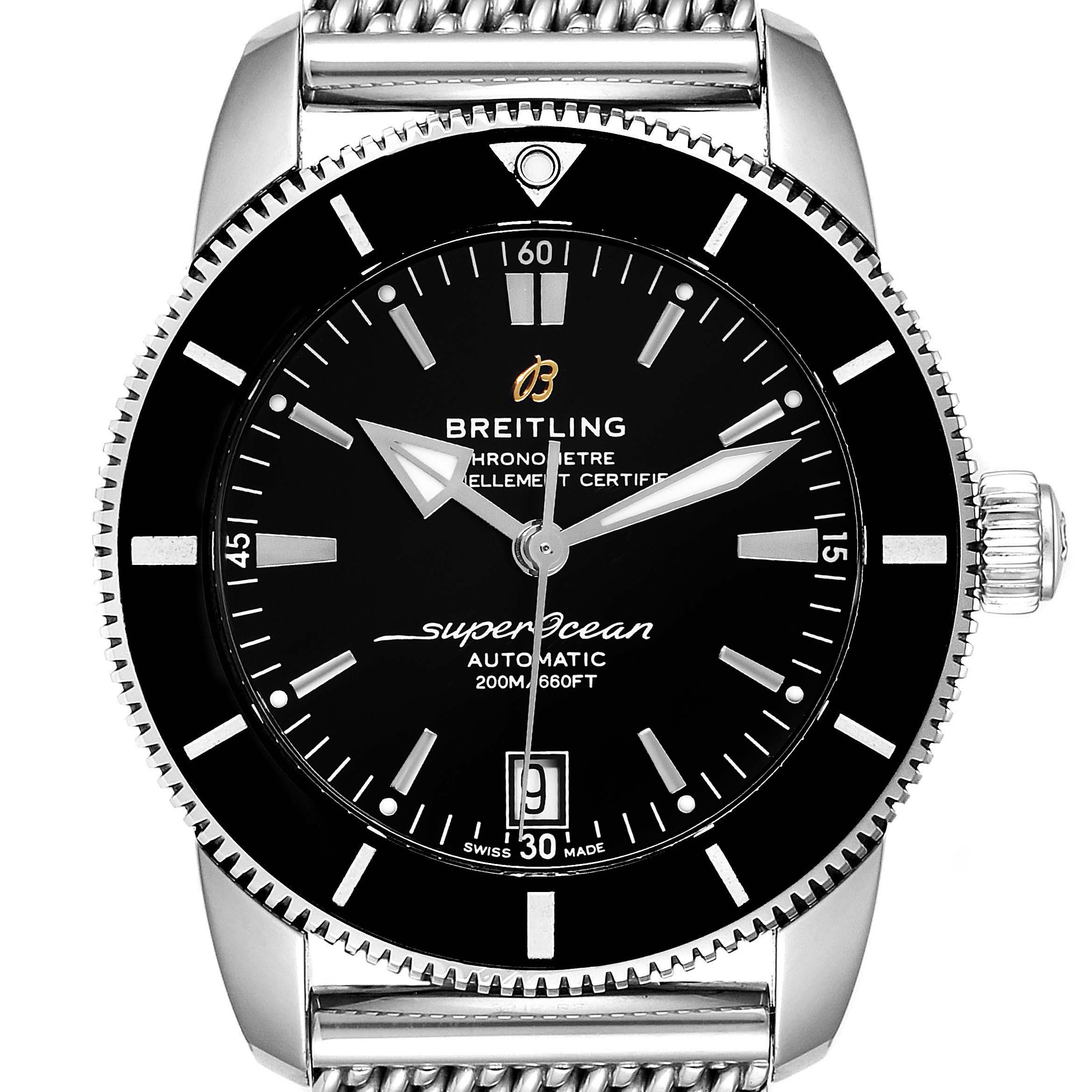 The image shows a front view of a Breitling Superocean AB2010161C1A1 Men's Stainless Steel Black Dial AB2010161C1A1 Men's Stainless Steel Black Dial watch, highlighting its black dial, bezel, hands, and crown.