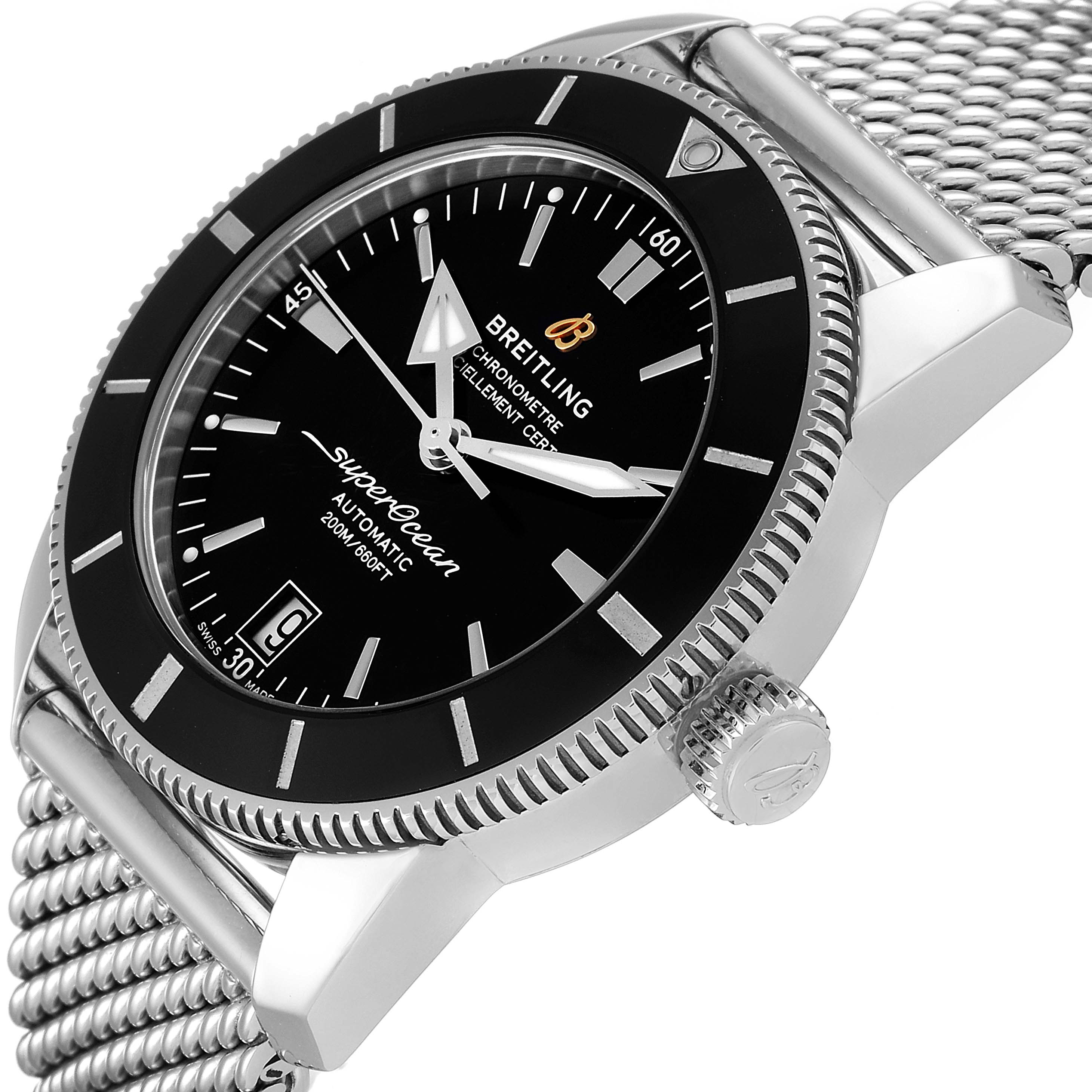 The image shows a side angle of the Breitling Superocean AB2010161C1A1 Men's Stainless Steel Black Dial AB2010161C1A1 Men's Stainless Steel Black Dial watch, highlighting its bezel, dial, crown, and mesh bracelet.