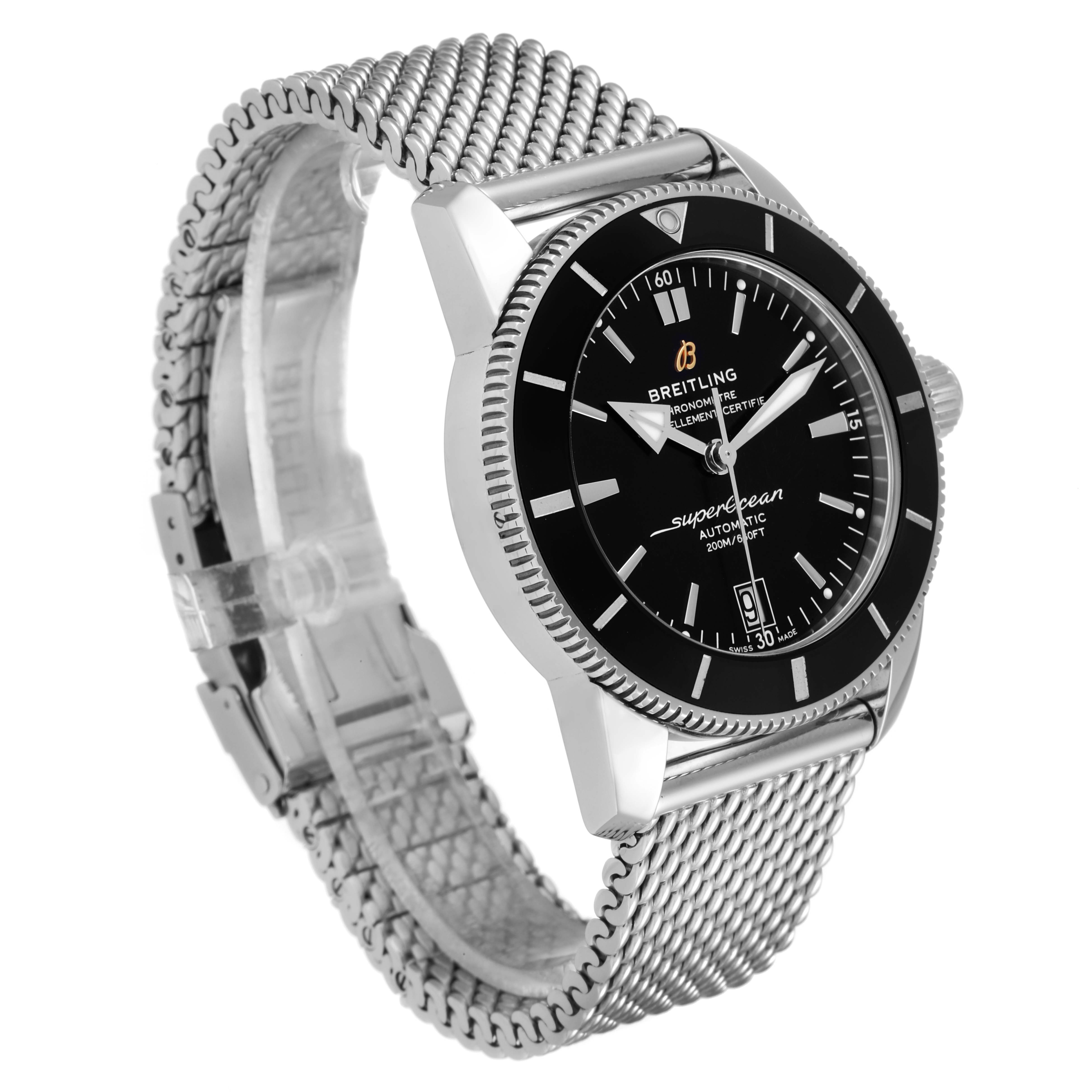 The Breitling Superocean AB2010161C1A1 Men's Stainless Steel Black Dial AB2010161C1A1 Men's Stainless Steel Black Dial watch is shown at a three-quarter angle, displaying the dial, bezel, crown, and stainless steel mesh strap.