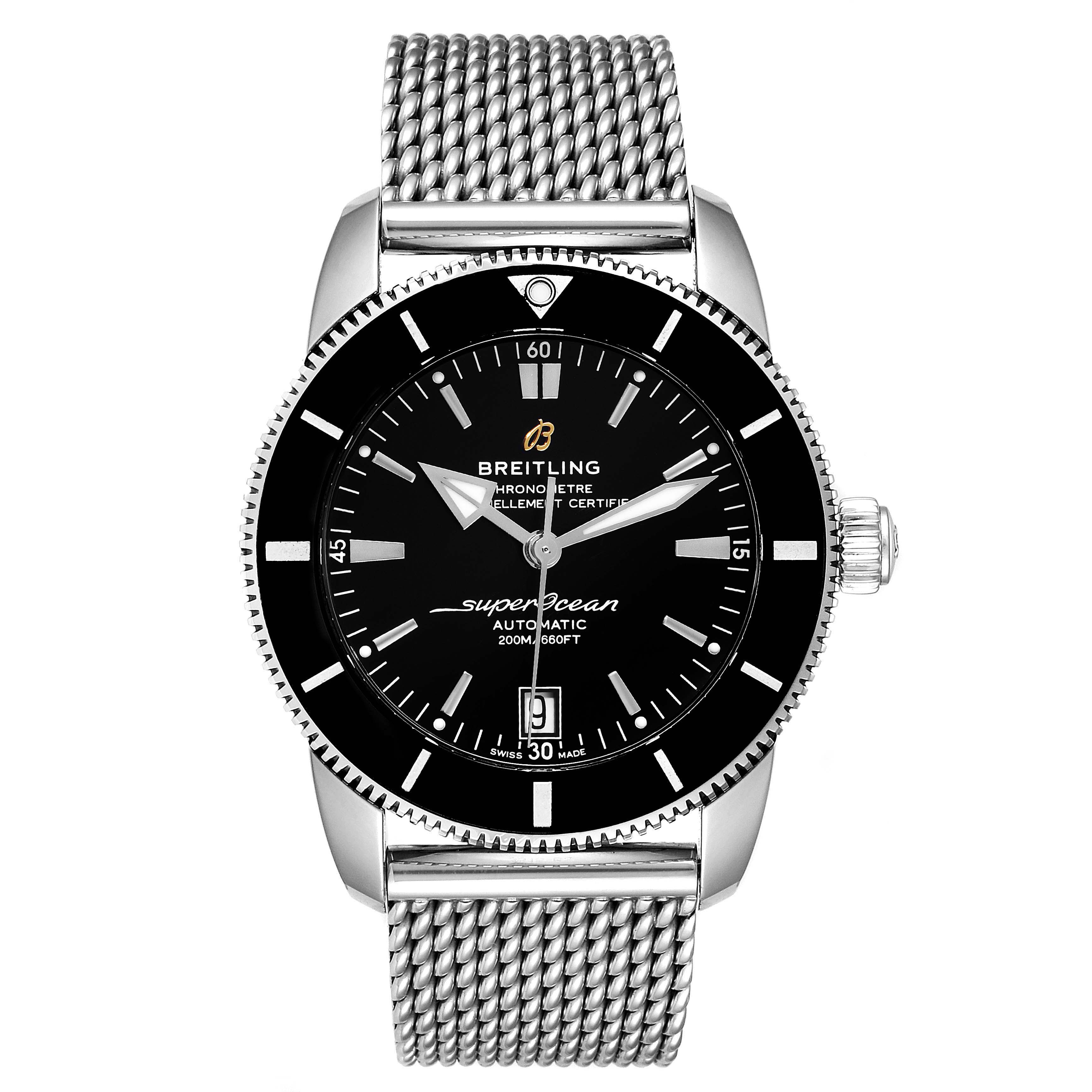 The Breitling Superocean AB2010161C1A1 Men's Stainless Steel Black Dial AB2010161C1A1 Men's Stainless Steel Black Dial watch is shown from a front angle, displaying its dial, bezel, and metal mesh strap.