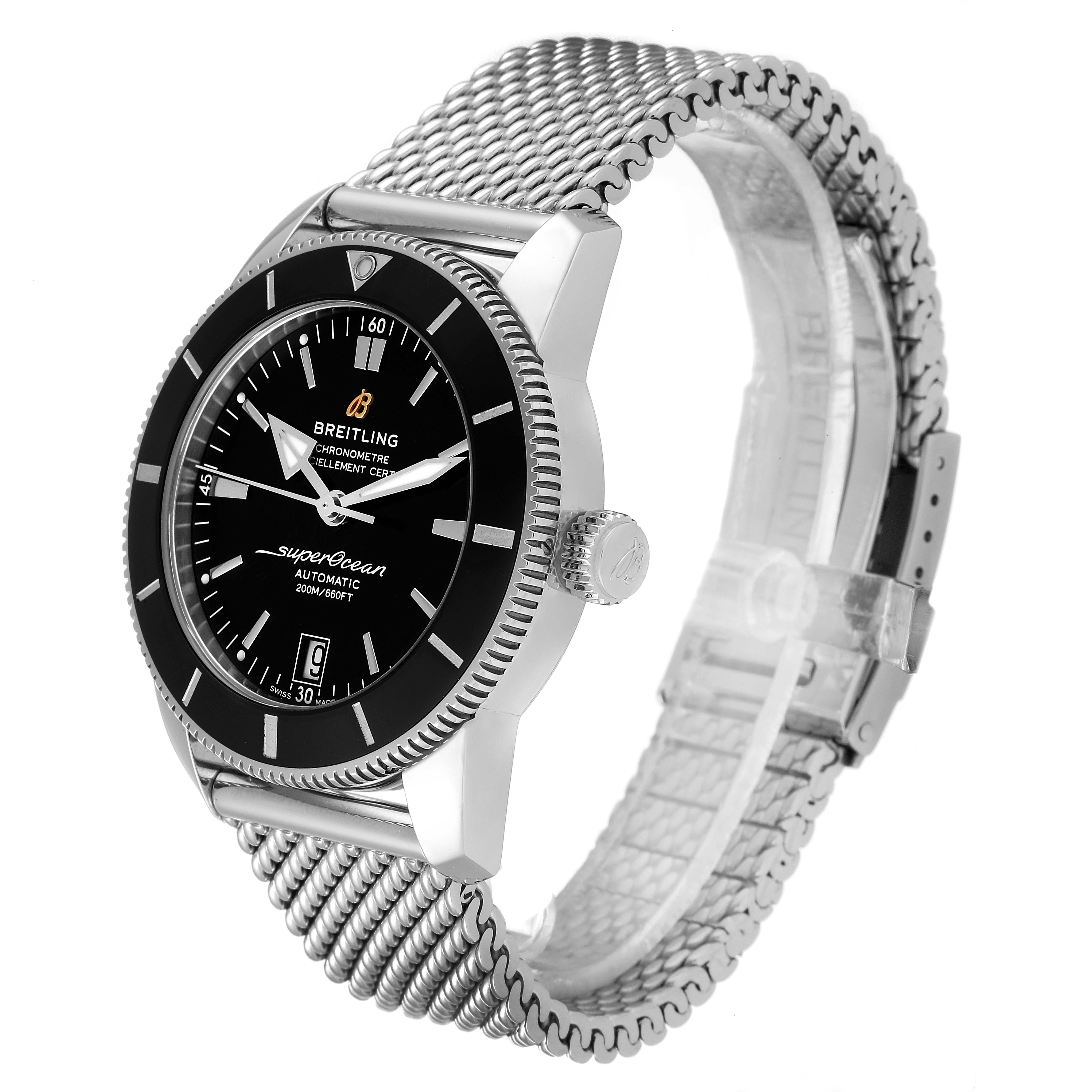 The Breitling Superocean AB2010161C1A1 Men's Stainless Steel Black Dial AB2010161C1A1 Men's Stainless Steel Black Dial watch is shown from a three-quarter angle, displaying the dial, bezel, crown, and metallic mesh strap.