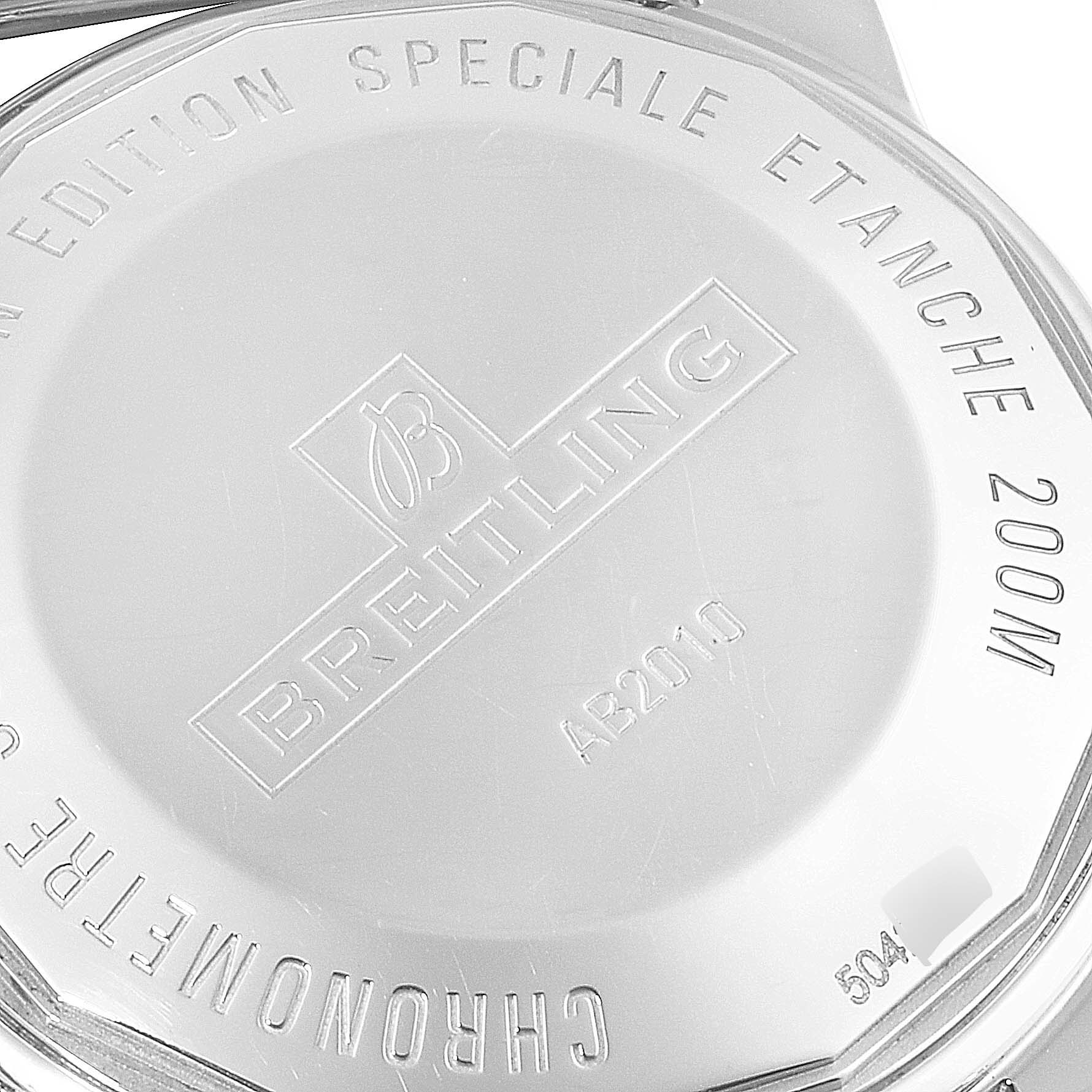 The image shows the case back of a Breitling Superocean AB2010161C1A1 Men's Stainless Steel Black Dial AB2010161C1A1 Men's Stainless Steel Black Dial watch, featuring engraved branding and specifications.