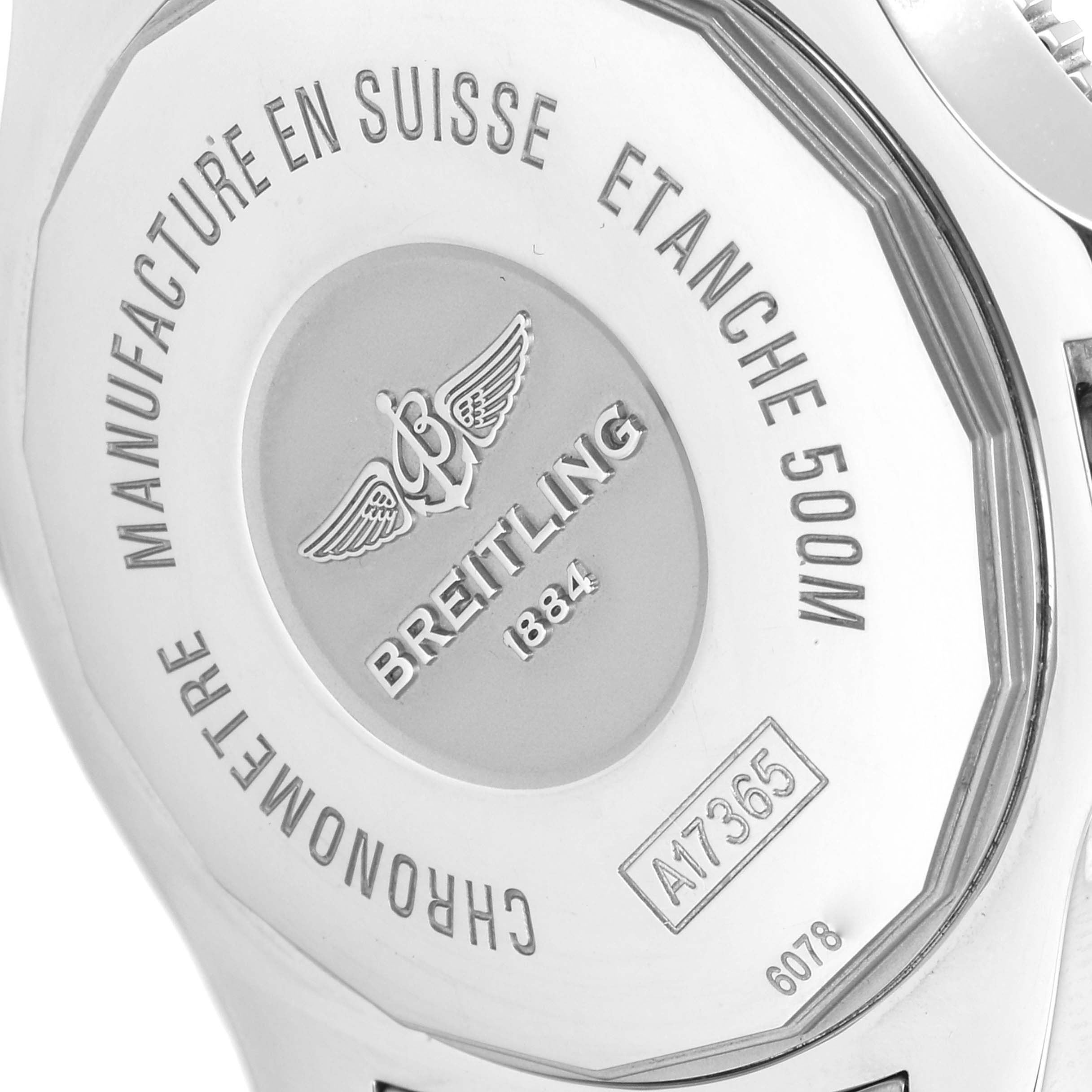 This image shows the case back of a Breitling Superocean A17365 Men's Stainless Steel Blue Dial A17365 Men's Stainless Steel Blue Dial watch, engraved with model information, water resistance, and branding.