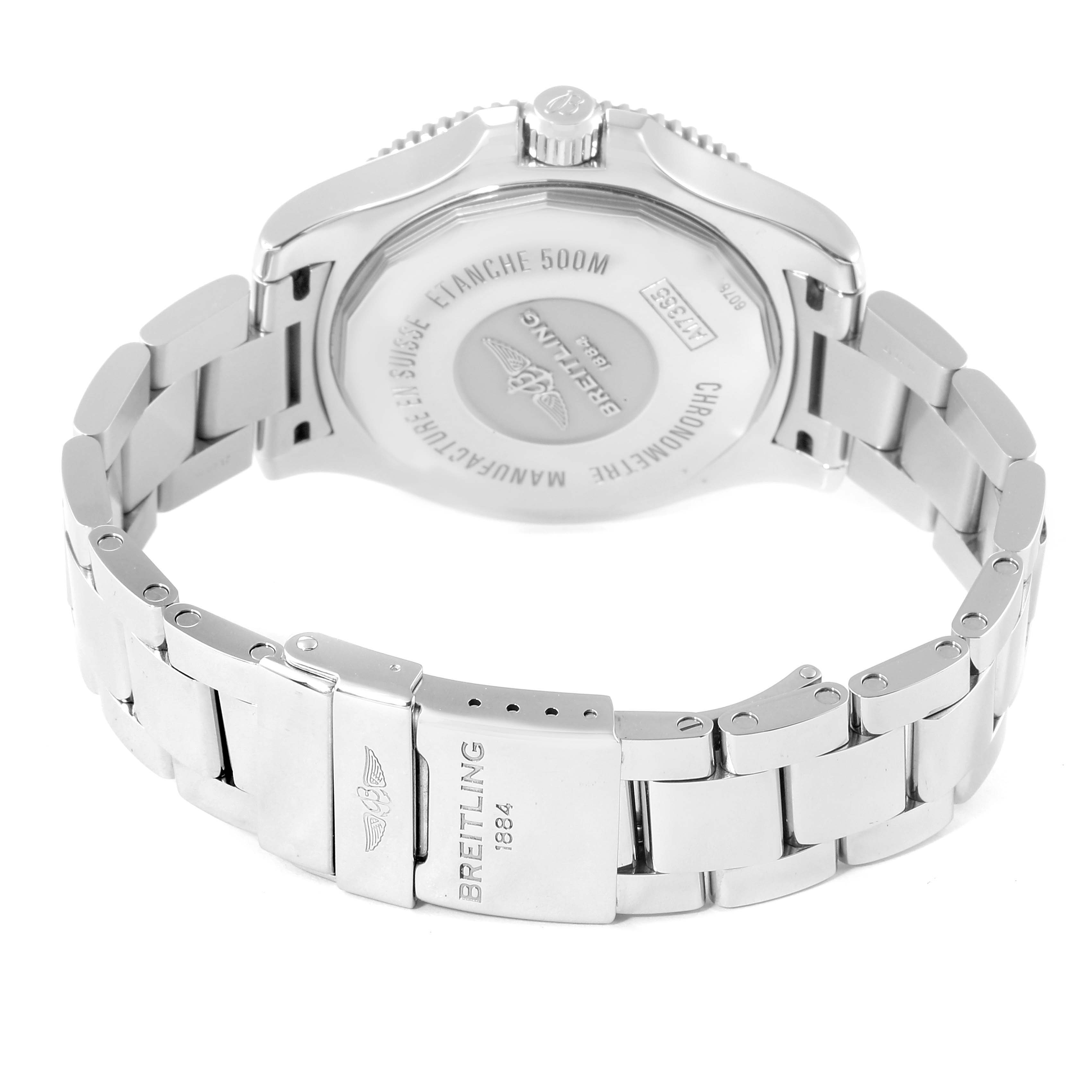 The image shows the Breitling Superocean A17365 Men's Stainless Steel Blue Dial A17365 Men's Stainless Steel Blue Dial watch from the back, highlighting the case back and metal bracelet with clasp.