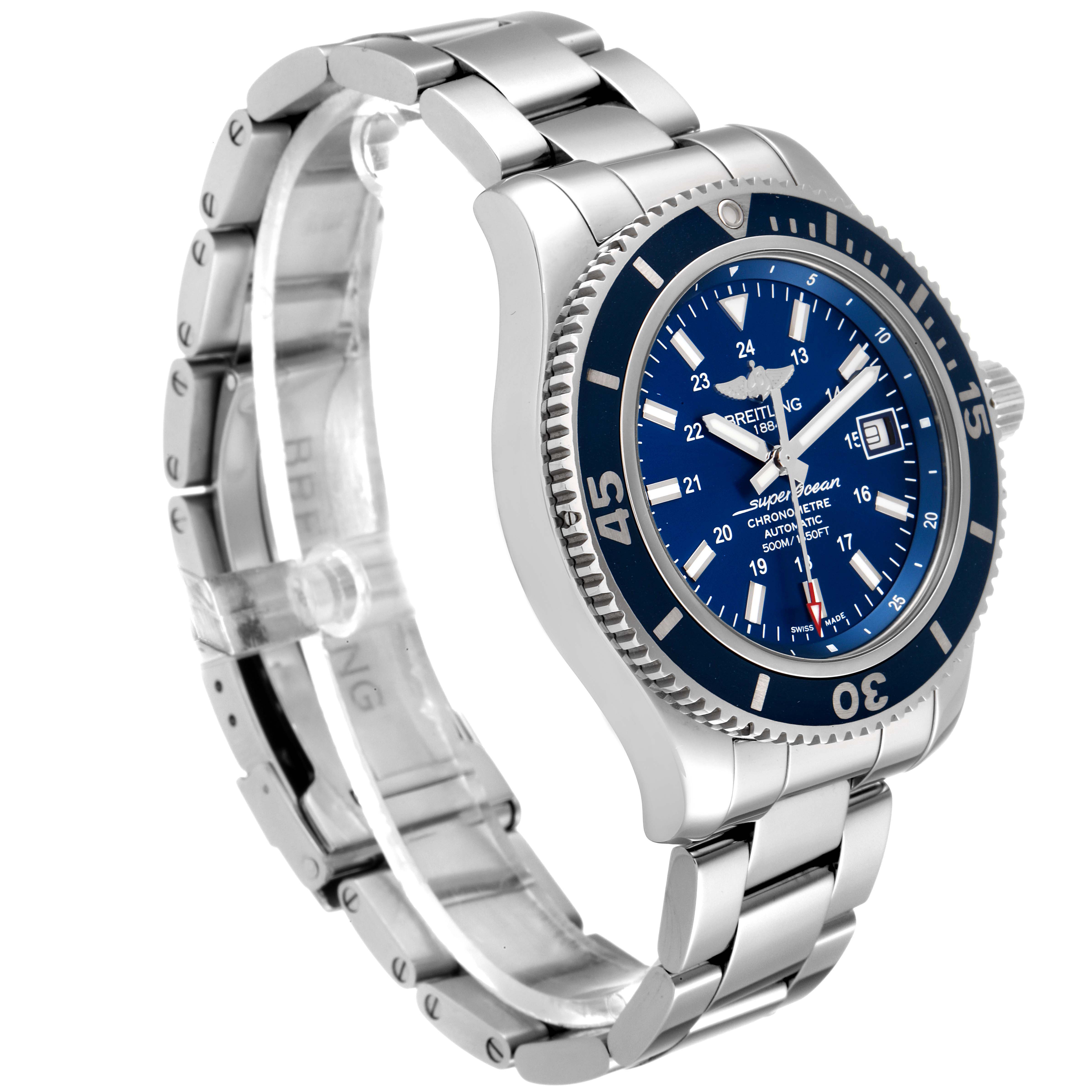 The Breitling Superocean A17365 Men's Stainless Steel Blue Dial A17365 Men's Stainless Steel Blue Dial watch is shown at a slight angle, showcasing the bezel, dial, and metal bracelet.
