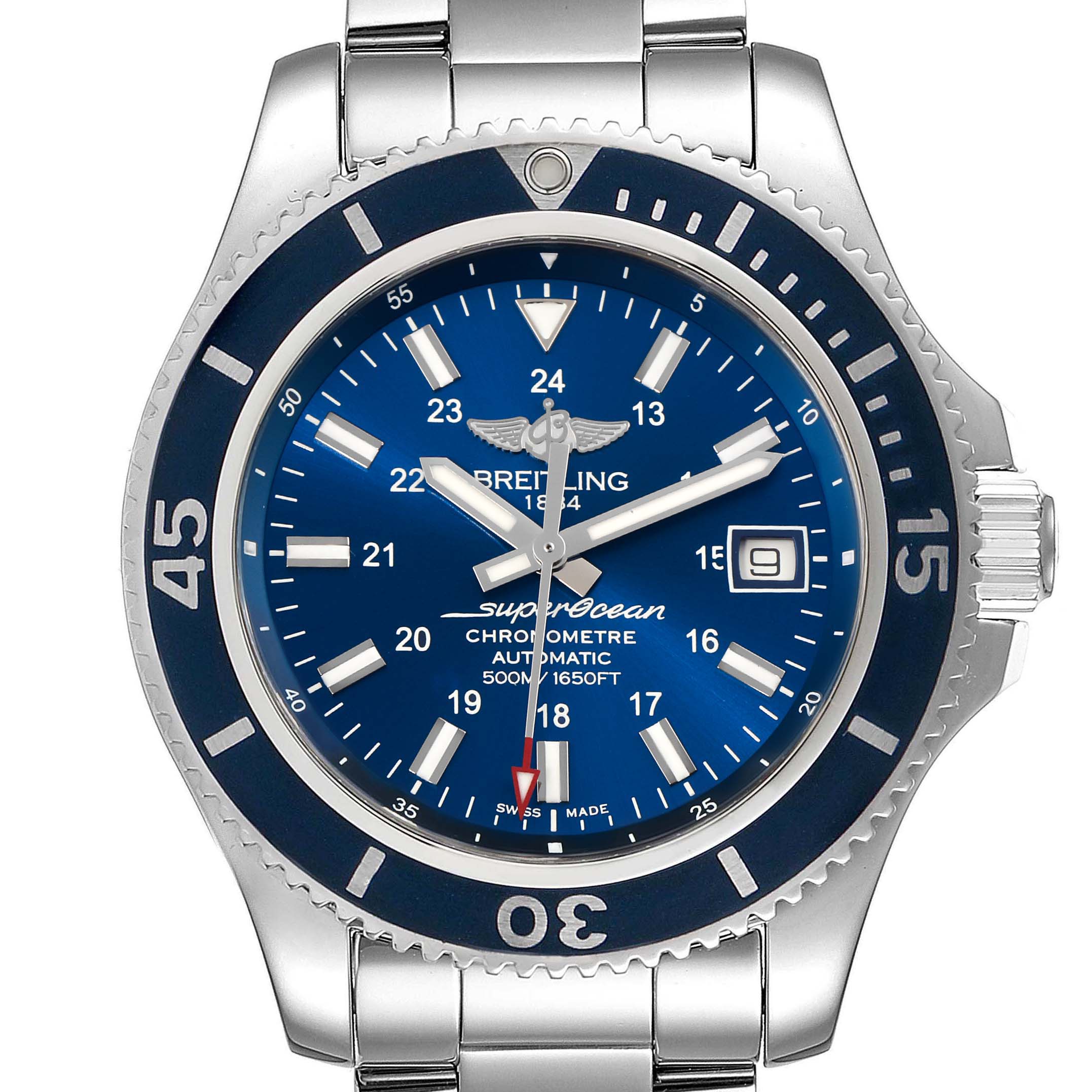 The photo shows a frontal view of the Breitling Superocean A17365 Men's Stainless Steel Blue Dial A17365 Men's Stainless Steel Blue Dial watch, highlighting its blue dial, bezel, and stainless steel bracelet.