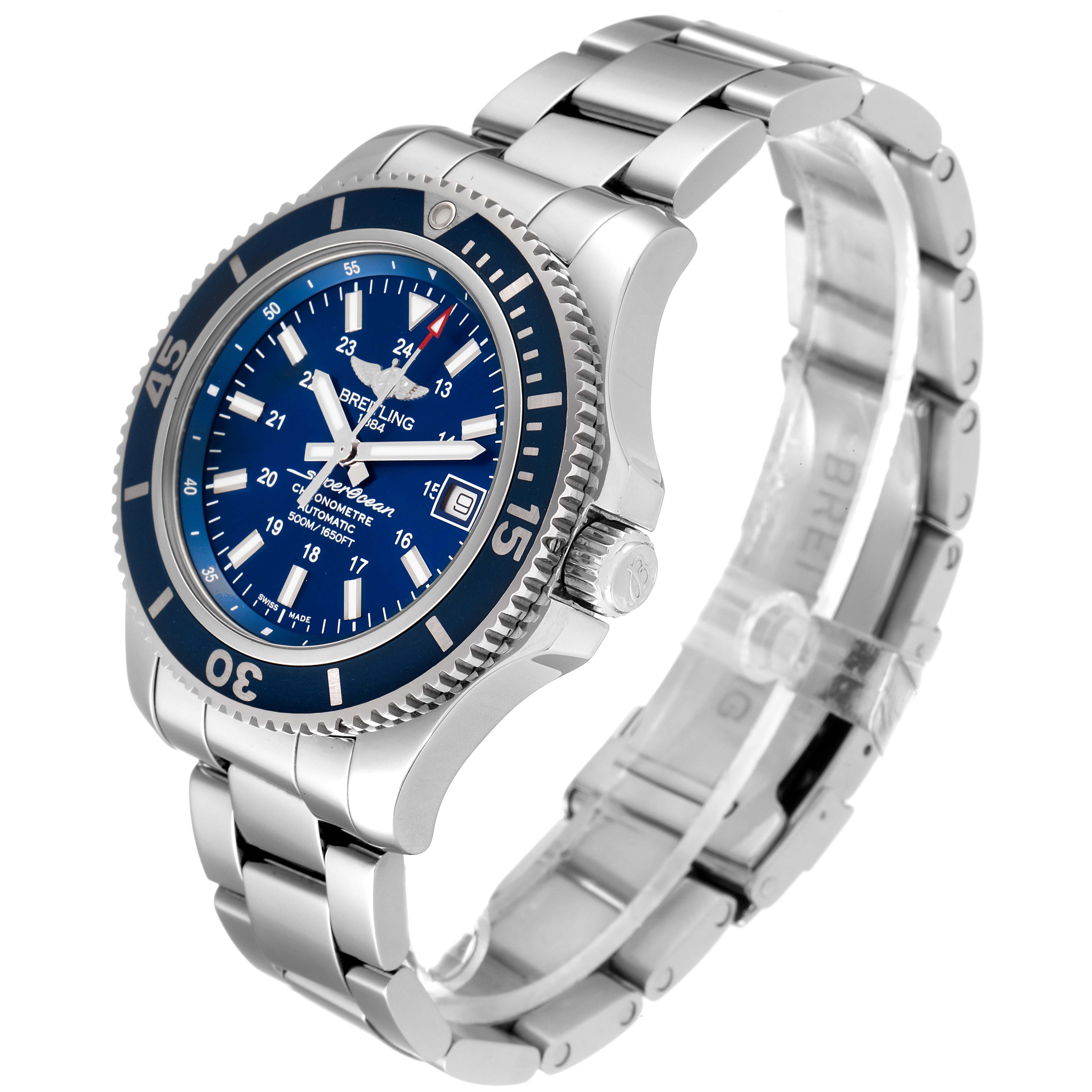The Breitling Superocean A17365 Men's Stainless Steel Blue Dial A17365 Men's Stainless Steel Blue Dial watch is shown at a three-quarter angle, featuring its face, bezel, and stainless steel band.