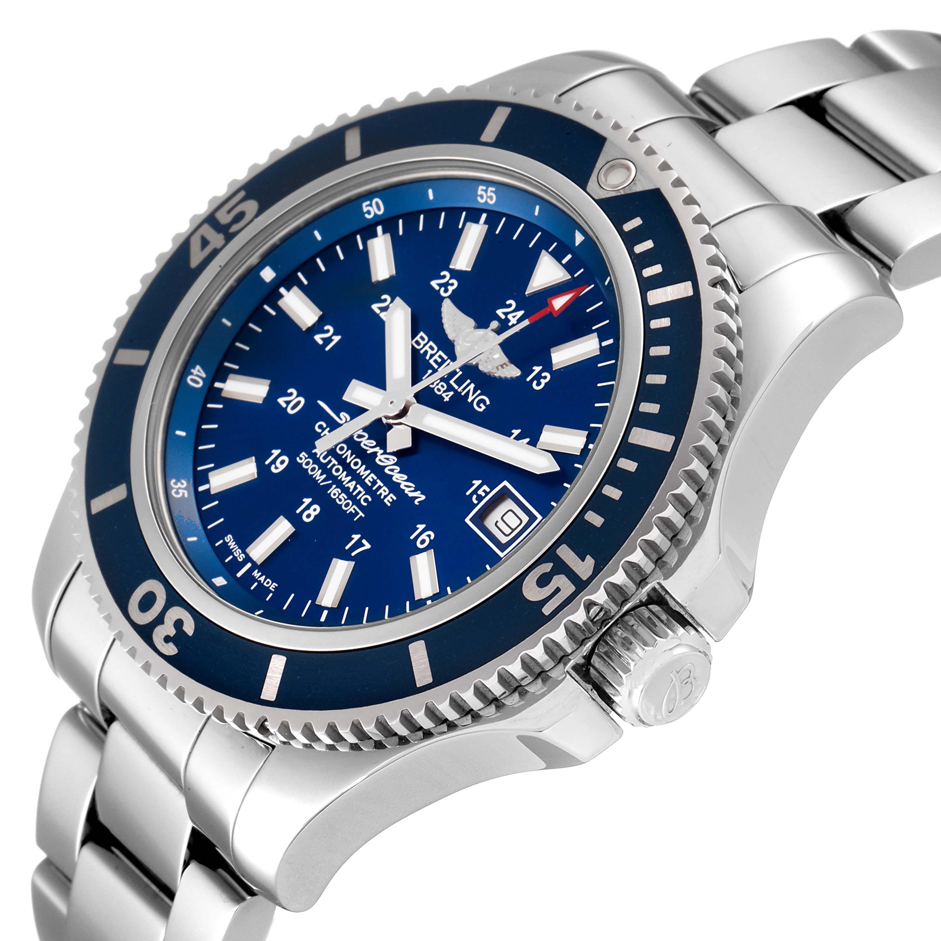 The image shows a side angle view of a Breitling Superocean A17365 Men's Stainless Steel Blue Dial A17365 Men's Stainless Steel Blue Dial watch, highlighting the dial, bezel, crown, and bracelet.