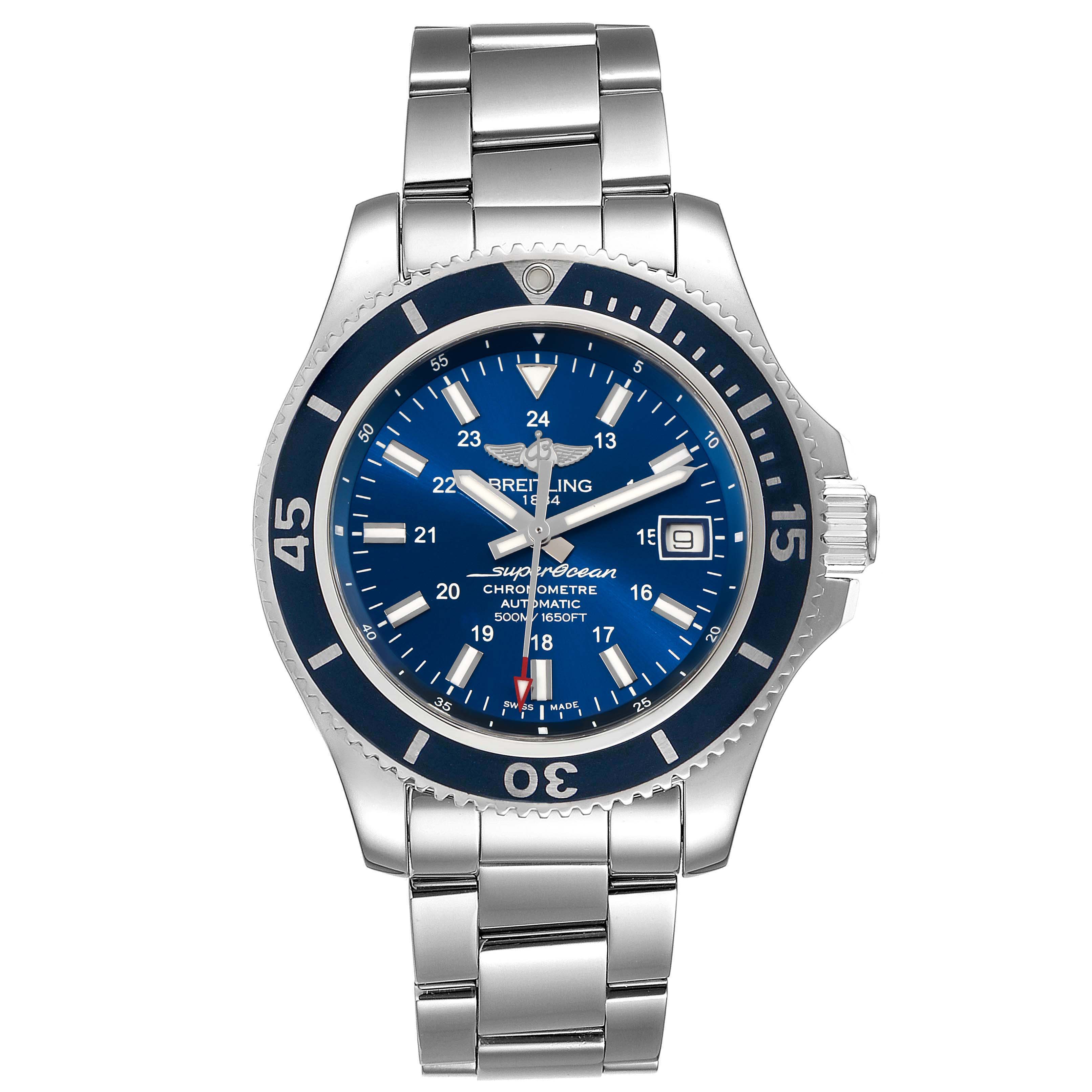 The image shows a front view of a Breitling Superocean A17365 Men's Stainless Steel Blue Dial A17365 Men's Stainless Steel Blue Dial watch, displaying its face, bezel, crown, and metal bracelet.