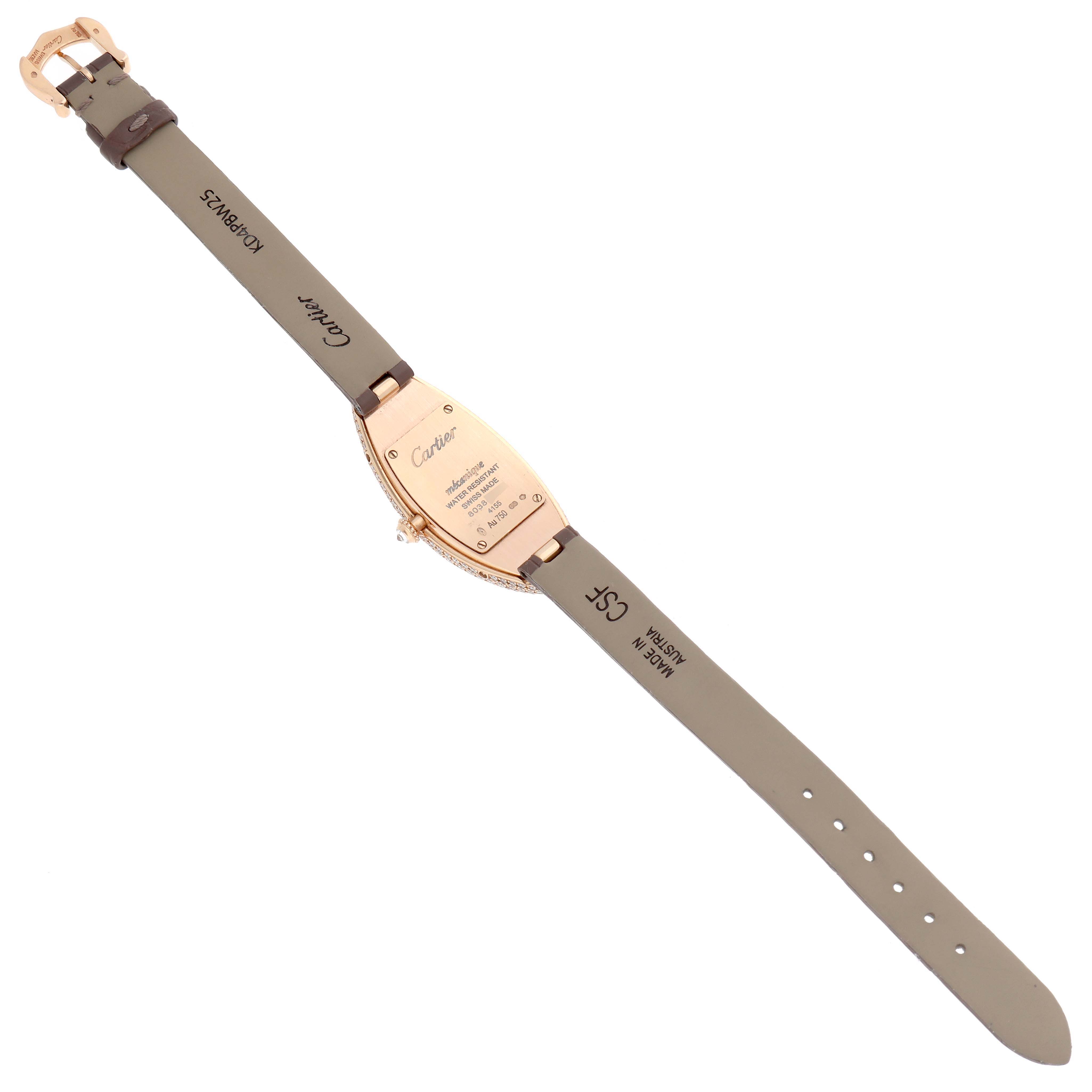 The image shows the back view of a Cartier Baignoire WJBA0006 Women's Rose Gold Silver Dial watch, displaying the case back, strap, and buckle.