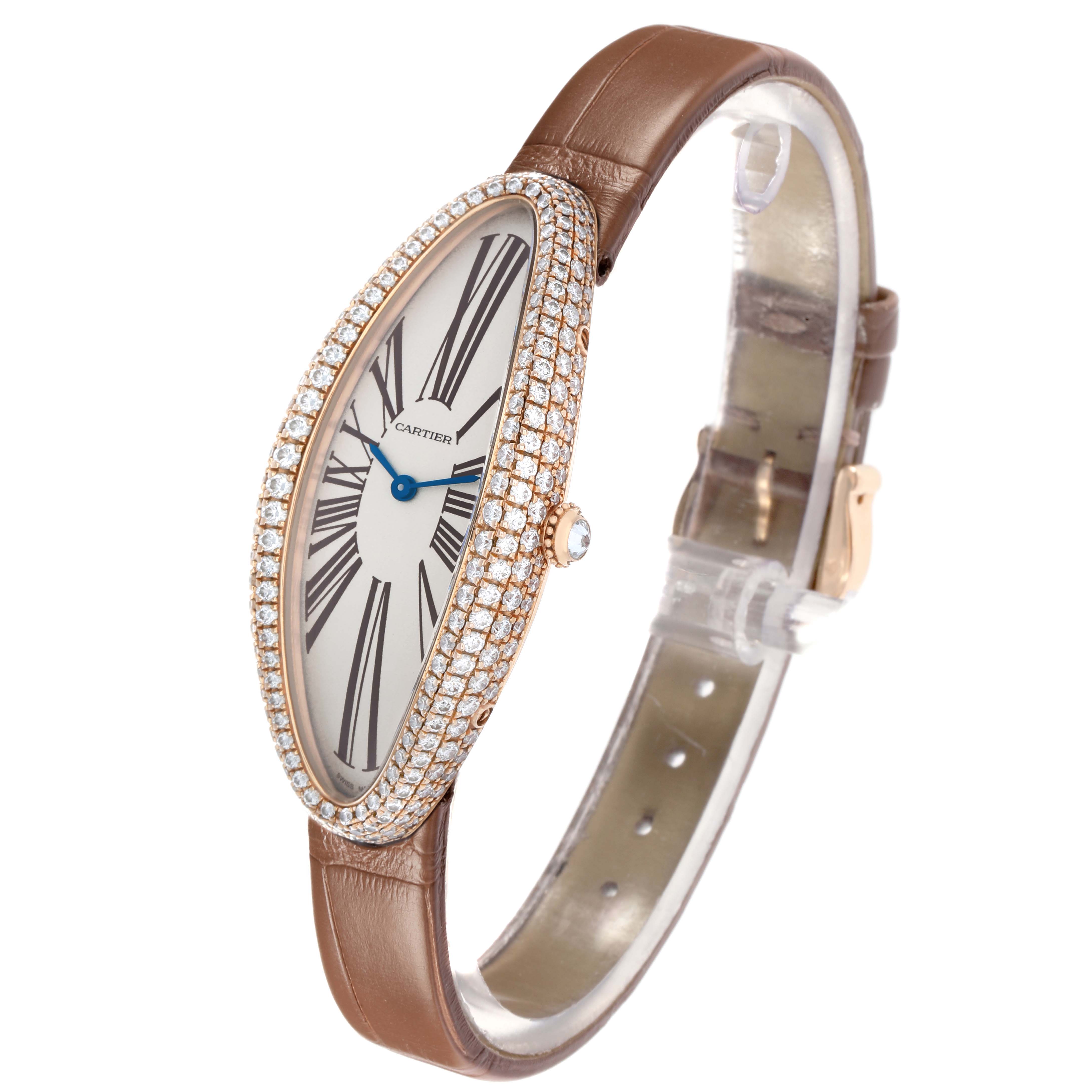 The Cartier Baignoire WJBA0006 Women's Rose Gold Silver Dial watch is shown at a slight angle highlighting the face, diamond-studded bezel, and leather strap.