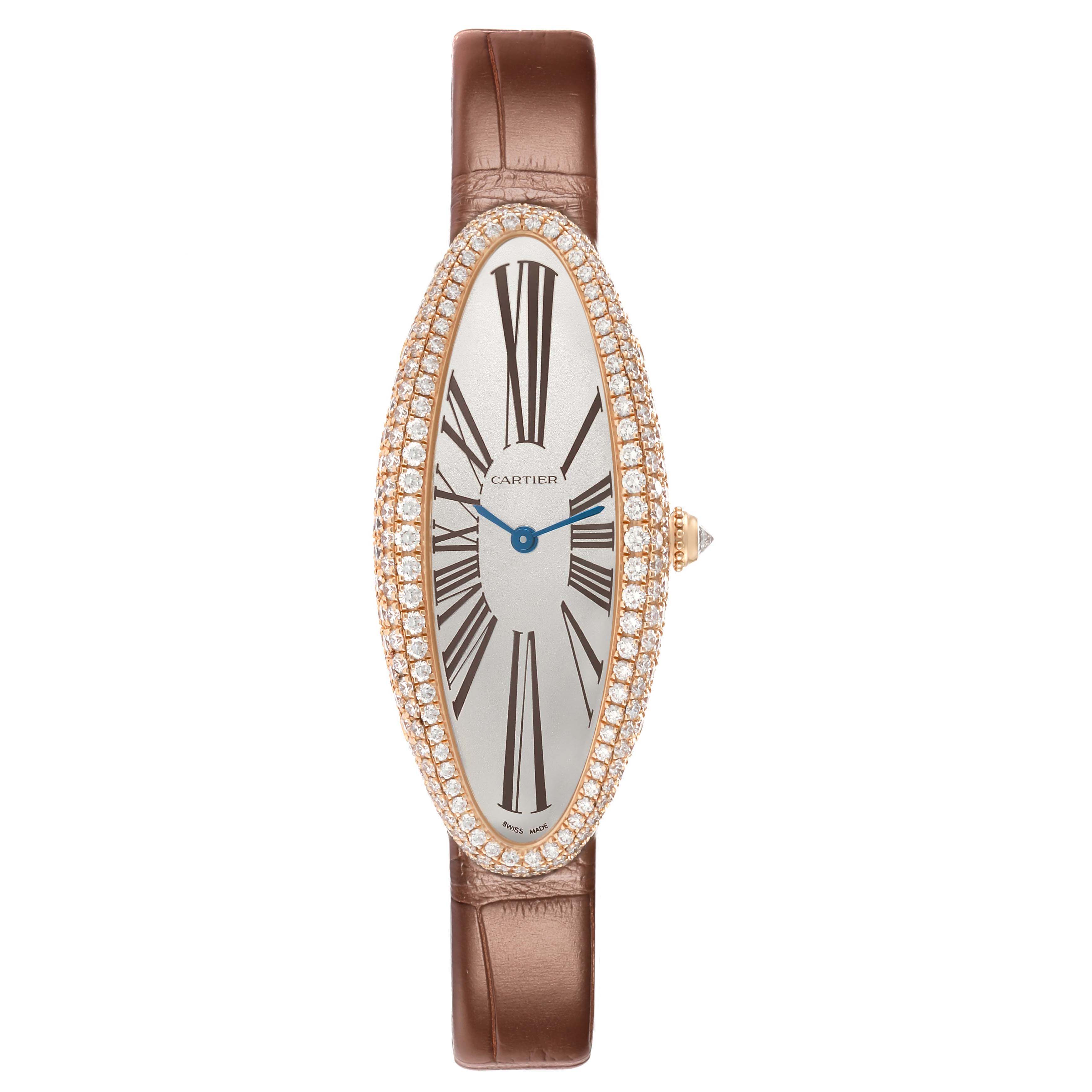 The Cartier Baignoire WJBA0006 Women's Rose Gold Silver Dial watch is shown from a front view, displaying the oval face, Roman numerals, and jeweled bezel.
