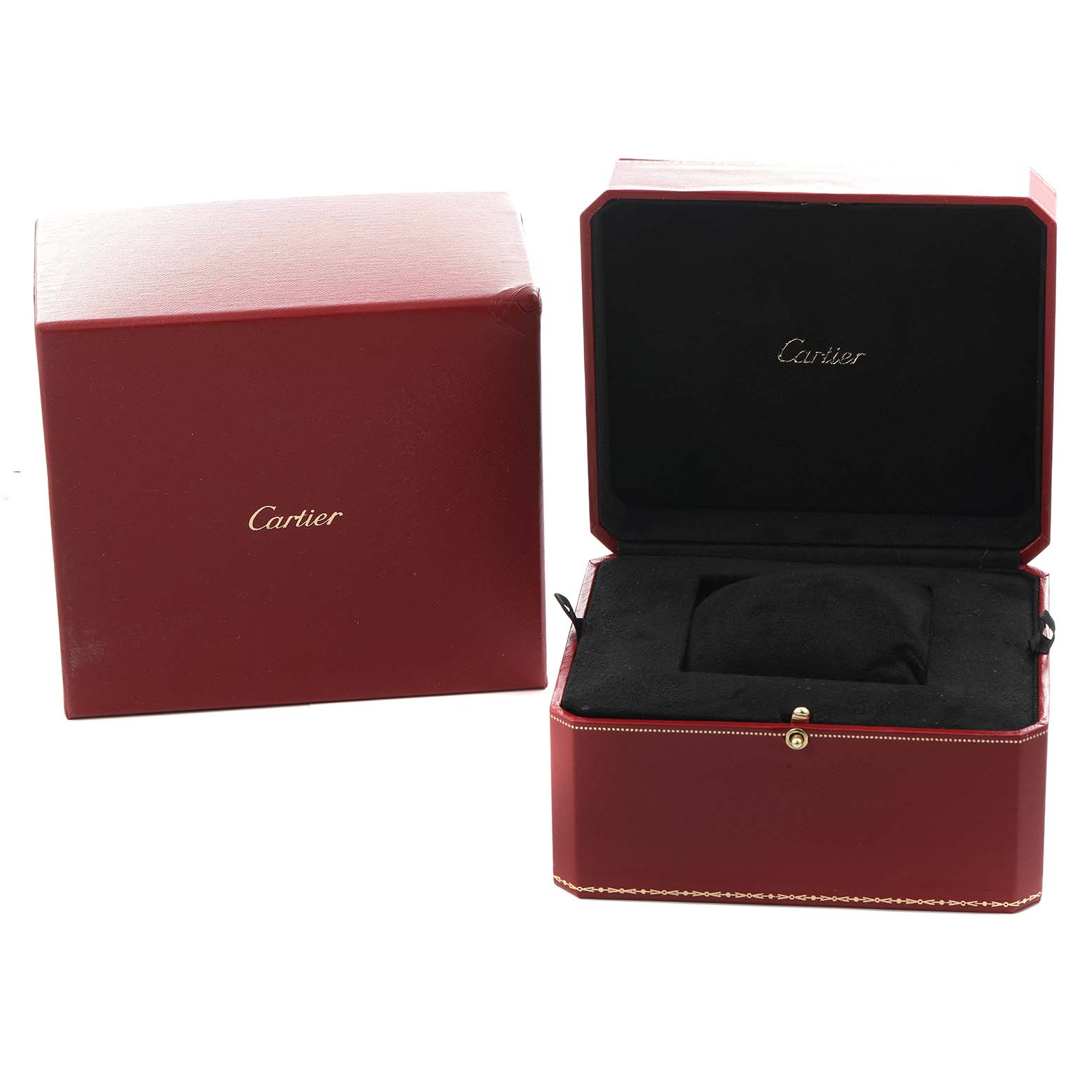 The image shows a Cartier Baignoire WJBA0006 Women's Rose Gold Silver Dial watch box and packaging, viewed from the front with the lid open.