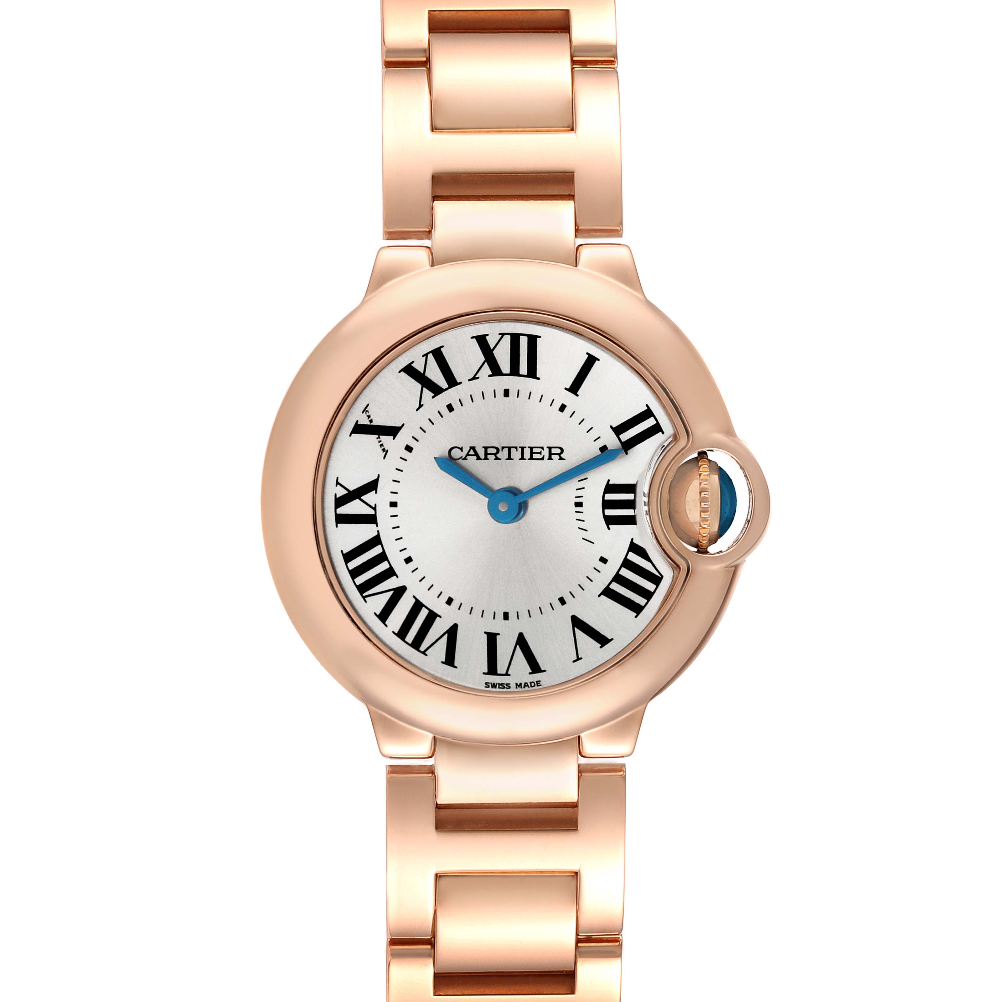 The Ballon Bleu by Cartier is shown from a top-down angle, displaying its face, bezel, and part of the bracelet.