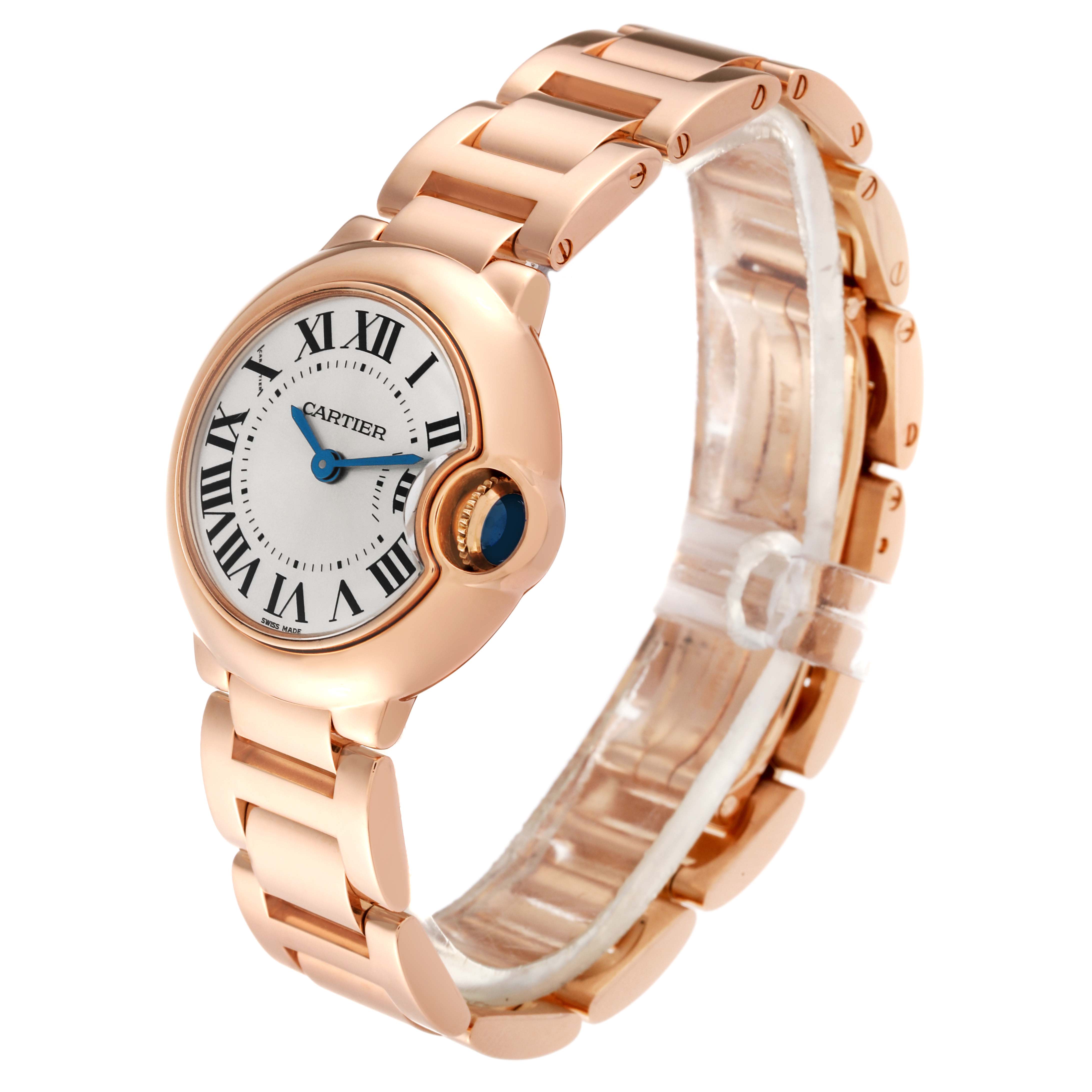 This image is of a Cartier Ballon Bleu W69002Z2 Women's Rose Gold Silver Dial W69002Z2 Women's Rose Gold Silver Dial watch at a front-right angle, showing the face, bezel, and bracelet.
