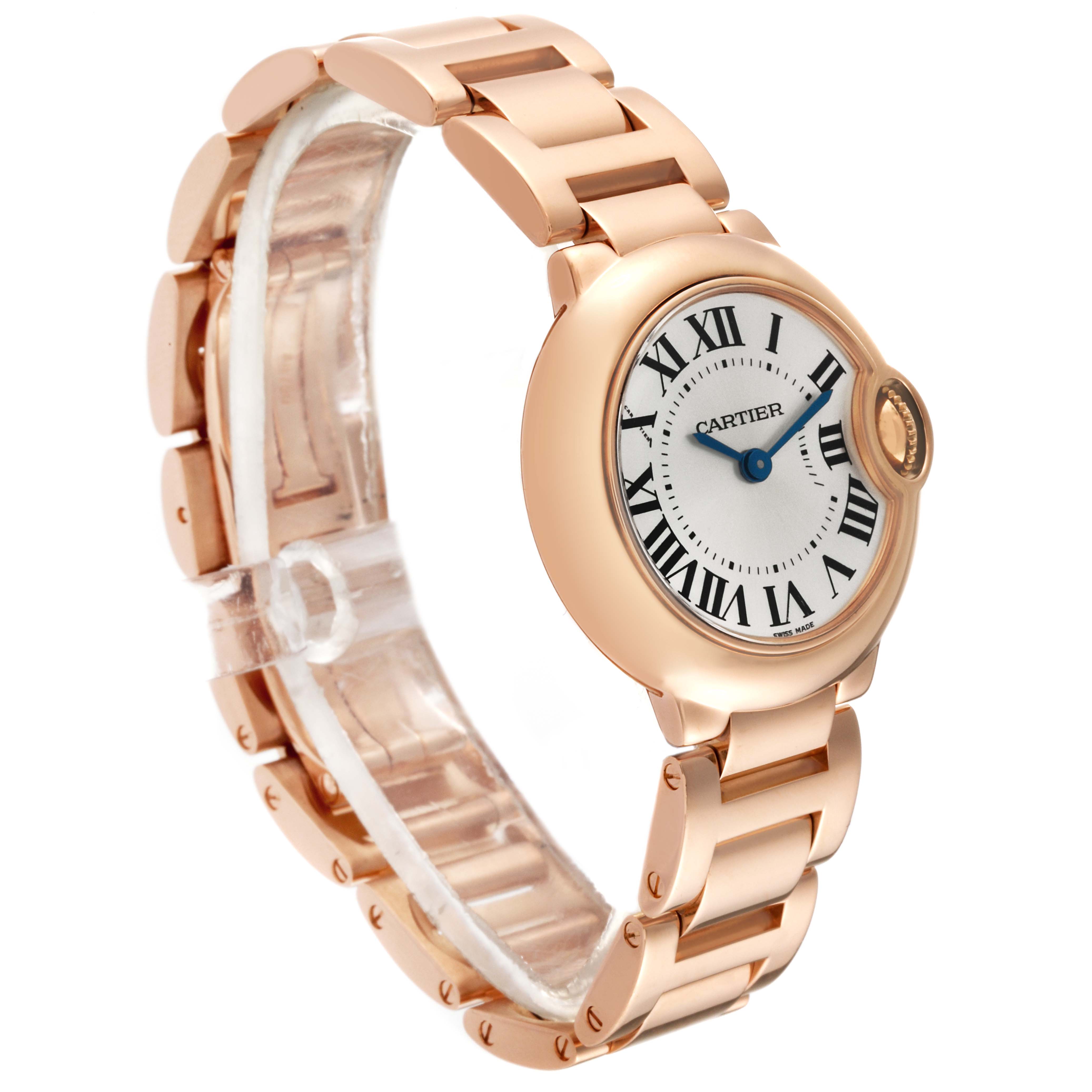 The watch shows a side and top view angle of the Cartier Ballon Bleu W69002Z2 Women's Rose Gold Silver Dial W69002Z2 Women's Rose Gold Silver Dial model, highlighting the bracelet and dial.