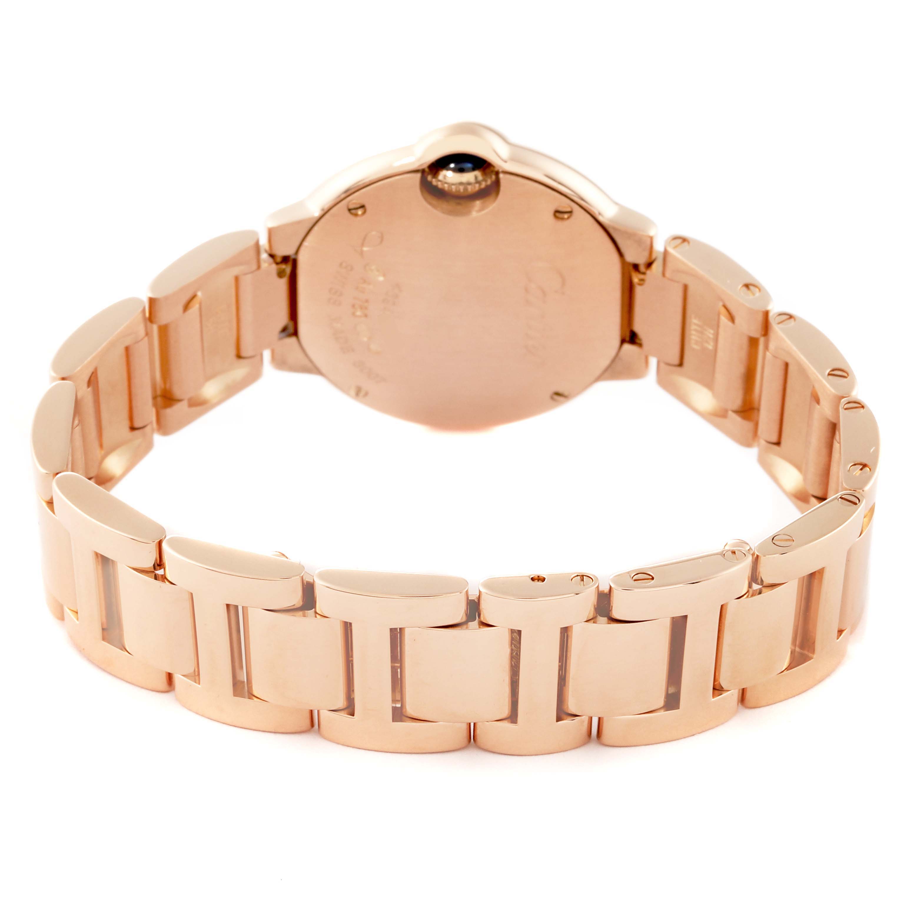 The image shows the back view of a Cartier Ballon Bleu W69002Z2 Women's Rose Gold Silver Dial W69002Z2 Women's Rose Gold Silver Dial watch, highlighting its case back and bracelet.