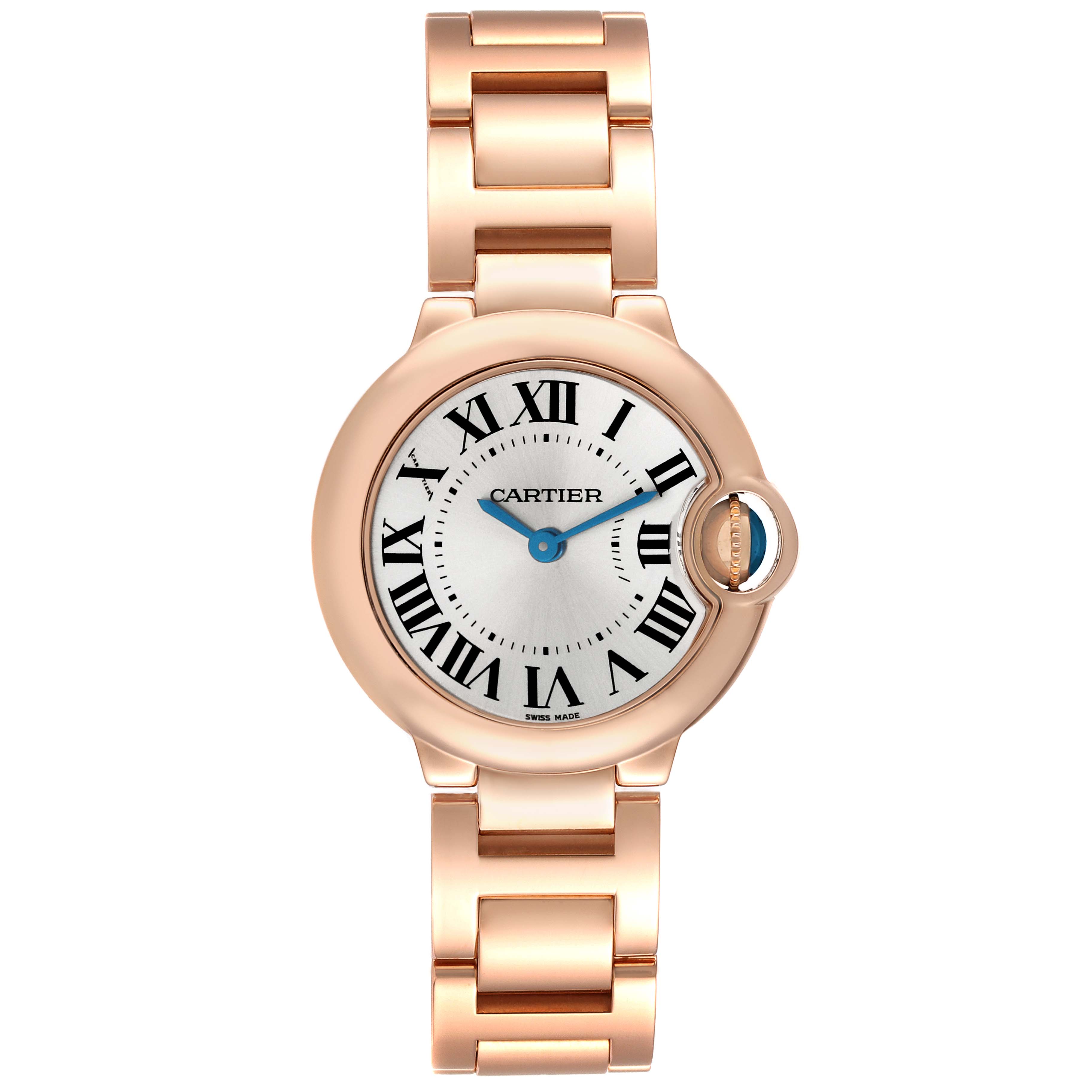 The image shows a frontal view of the Ballon Bleu model watch by Cartier, including the watch face and band.