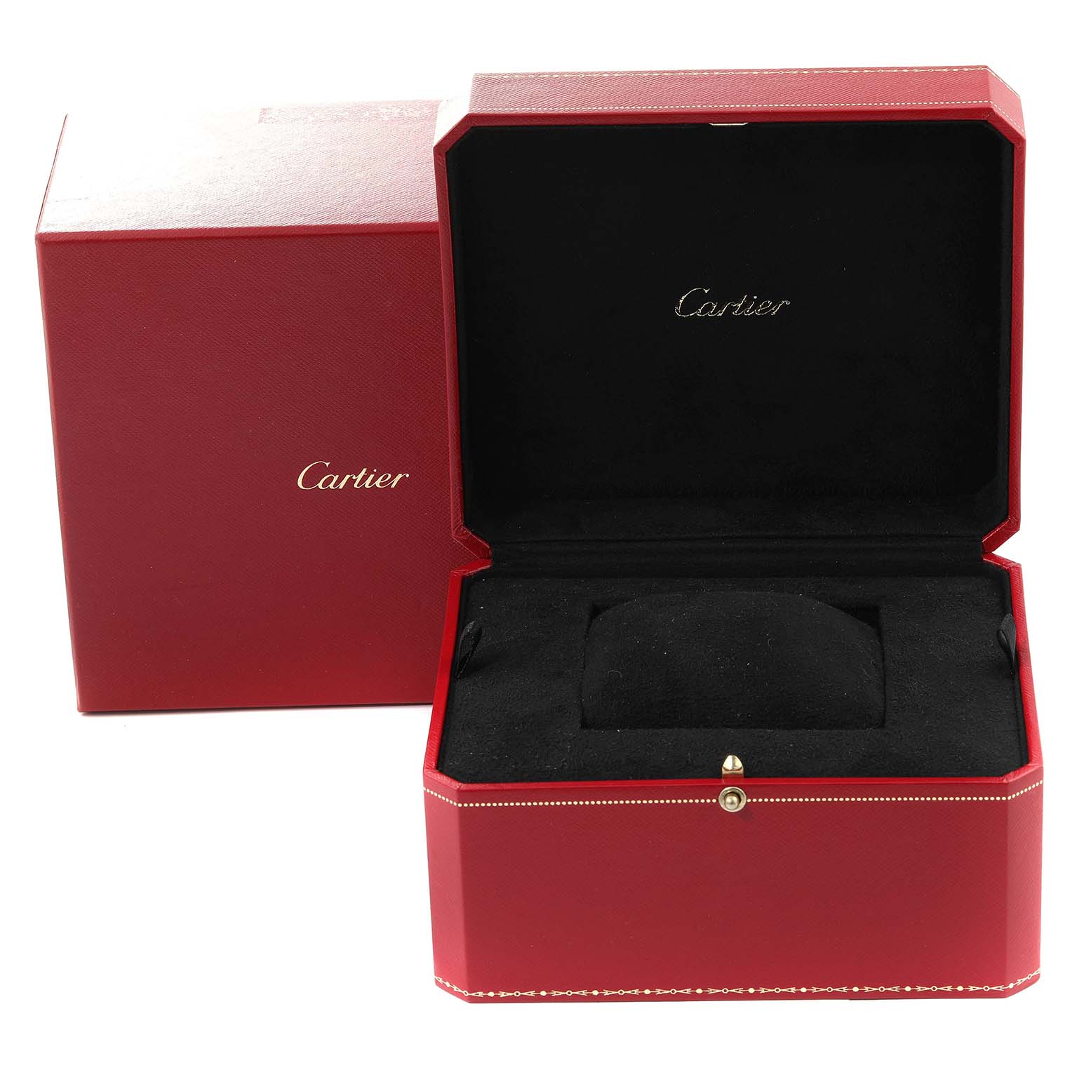 The image shows the open red storage box for a Ballon Bleu model by Cartier, with the inner cushion part visible.