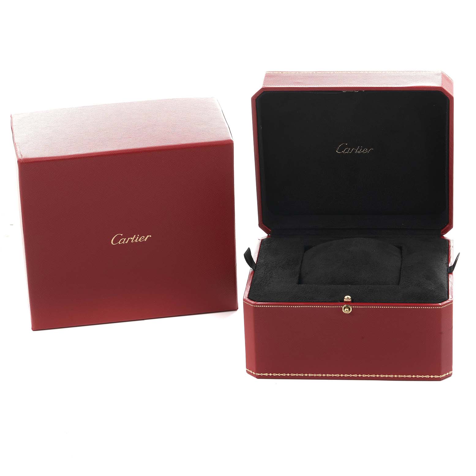 The image shows a red Cartier Ballon Bleu WE902035 Women
s White Gold Silver Dial watch box open, revealing a plush interior, and a closed outer box beside it.