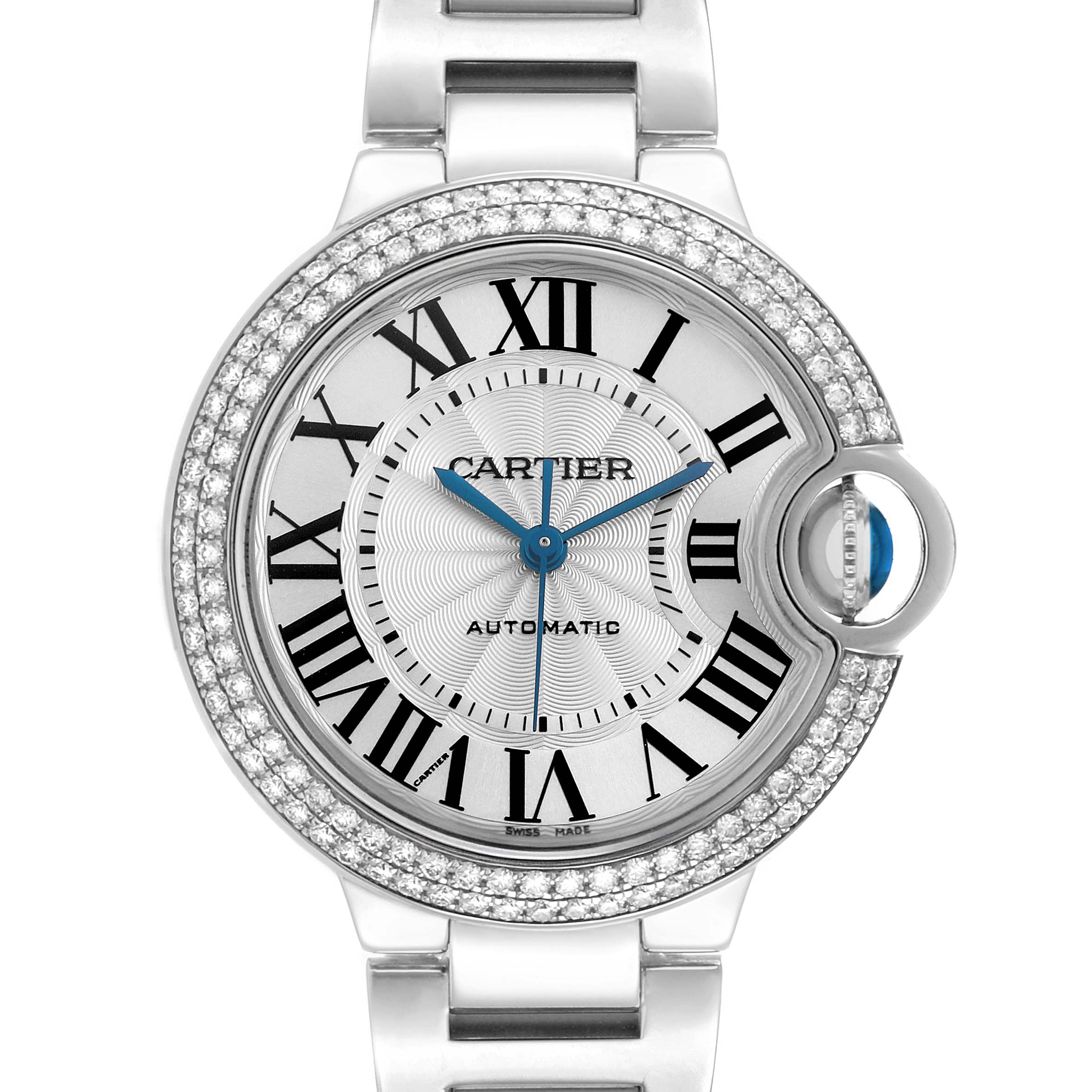 The Cartier Ballon Bleu WE902035 Women
s White Gold Silver Dial watch is shown from a top-down angle featuring the face, Roman numerals, and diamond-studded bezel.