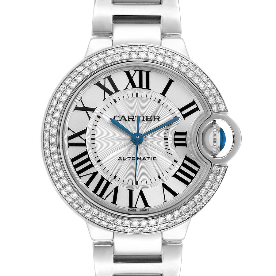 The Cartier Ballon Bleu WE902035 Women's White Gold Silver Dial watch is shown from a top-down angle featuring the face, Roman numerals, and diamond-studded bezel.