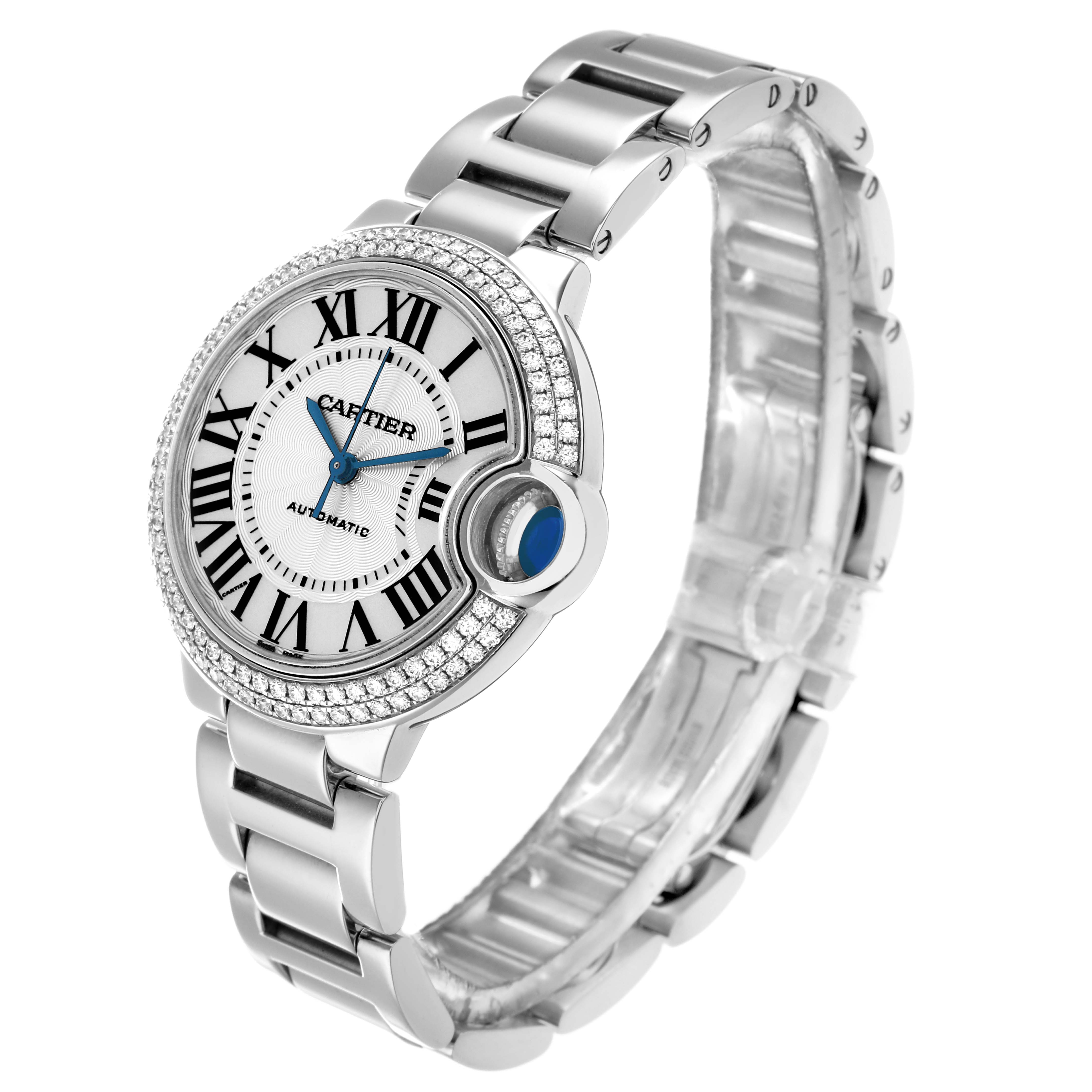 The Cartier Ballon Bleu WE902035 Women
s White Gold Silver Dial watch is shown at an angle displaying the face, bezel with diamonds, and part of the metal bracelet.