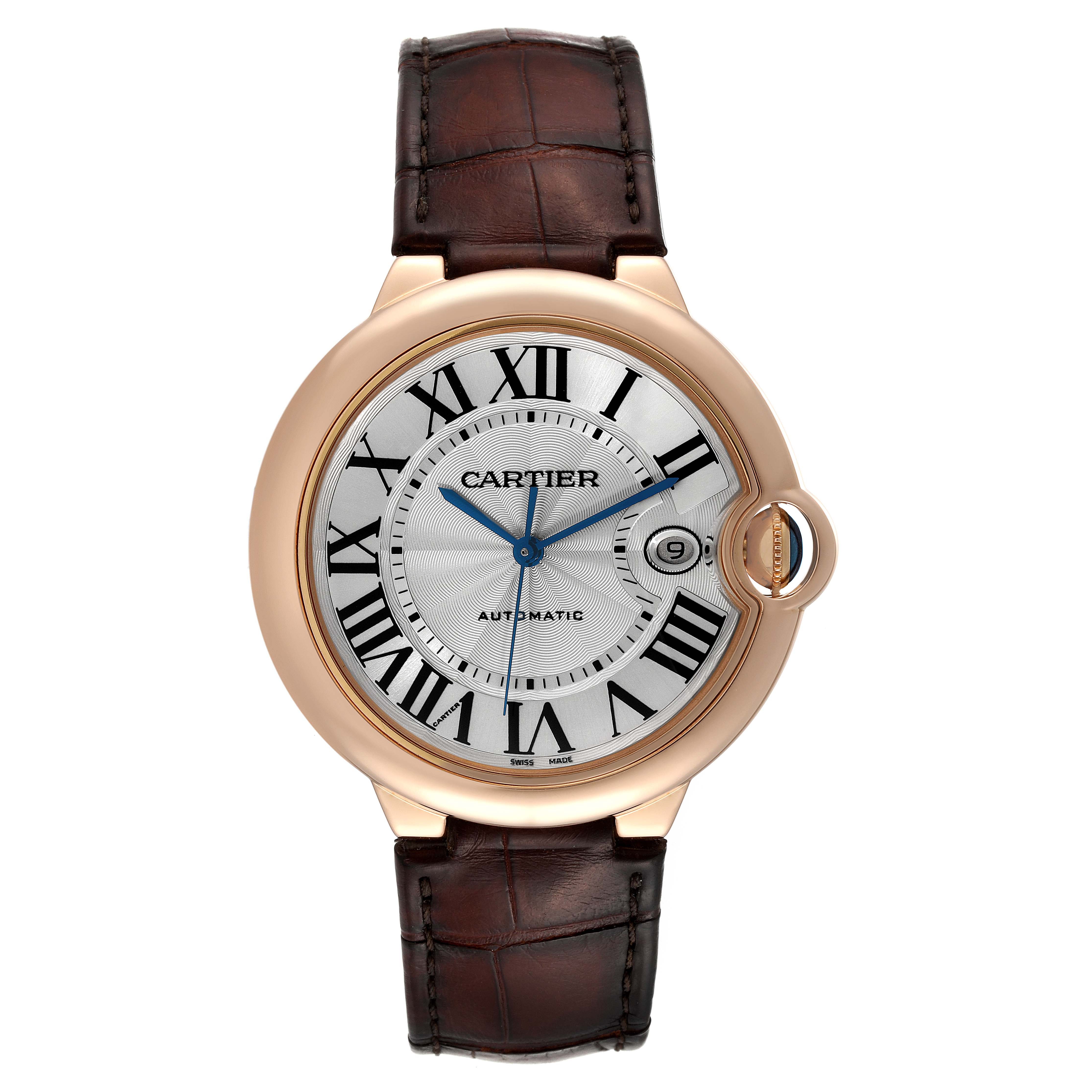 The image shows a front view of the Cartier Ballon Bleu W6900651 Men
s Rose Gold Silver Dial W6900651 Men
s Rose Gold Silver Dial watch, highlighting the dial, case, crown, and leather strap.