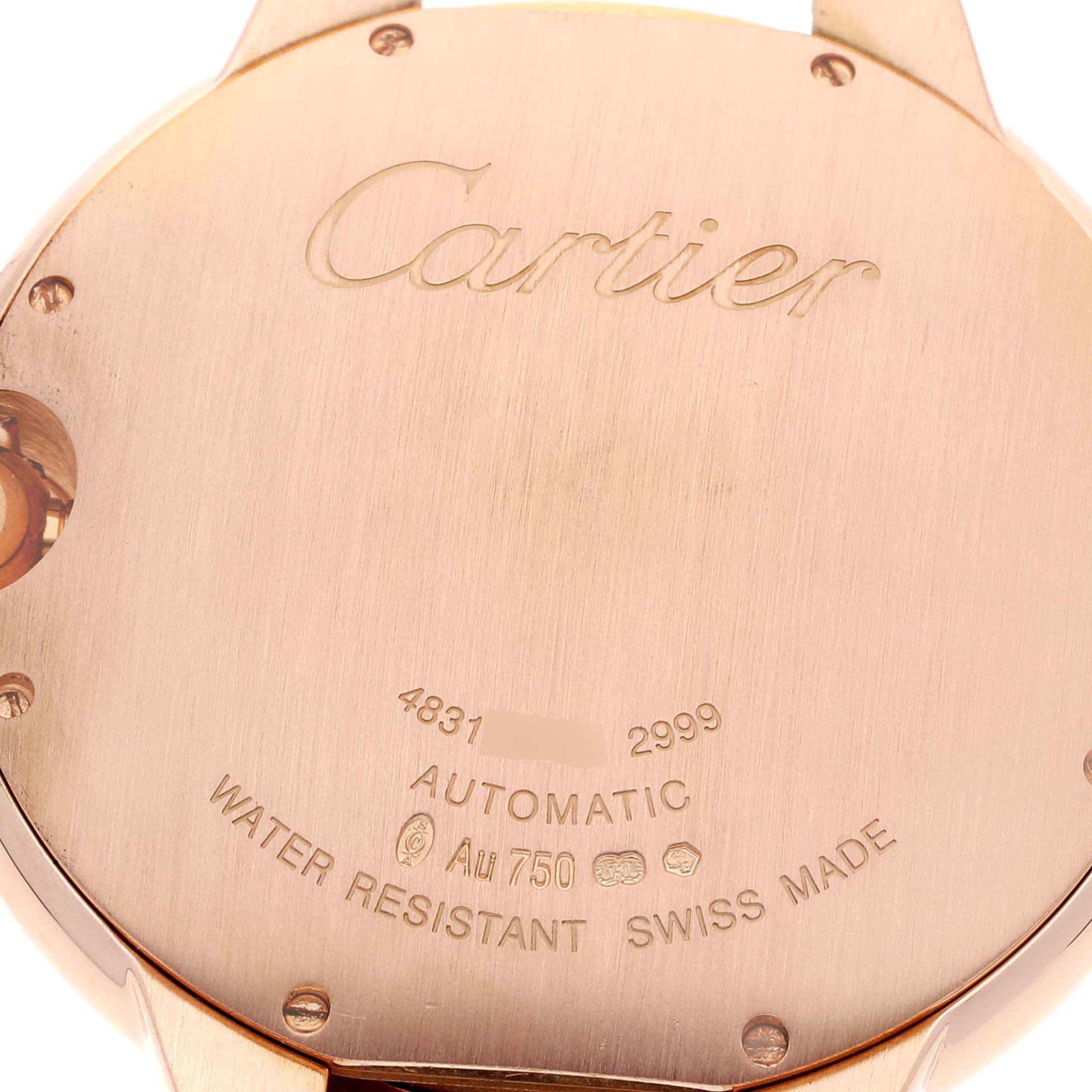 This image shows the back case of a Cartier Ballon Bleu W6900651 Men
s Rose Gold Silver Dial W6900651 Men
s Rose Gold Silver Dial watch, highlighting its engravings and markings.