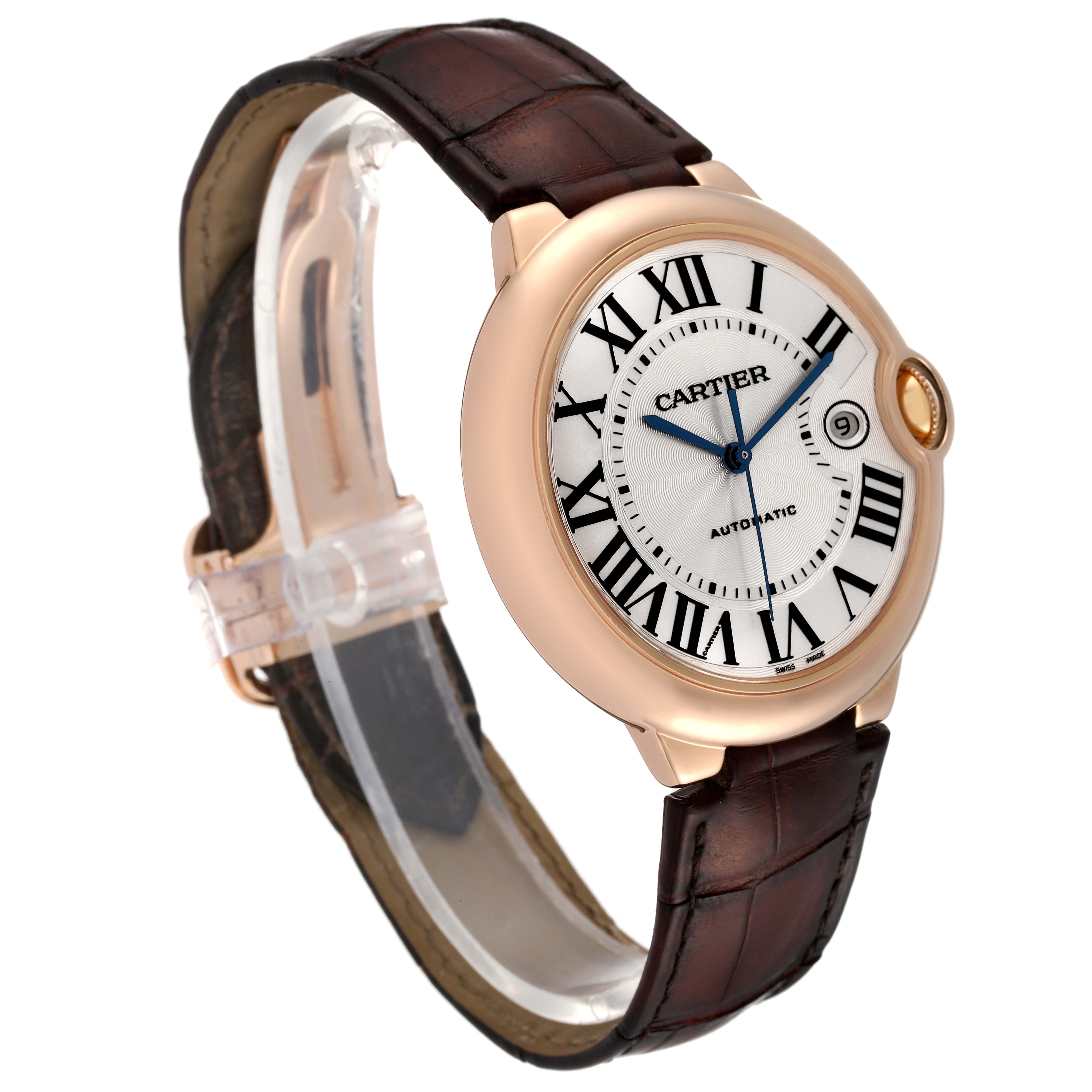 This image shows a Ballon Bleu by Cartier watch at a slight angle, highlighting its face, case, strap, and crown.
