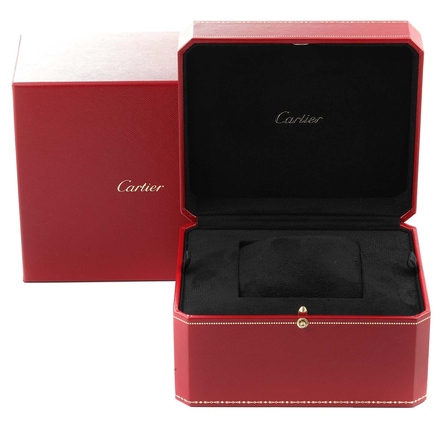 This image shows a red Cartier watch box for the Ballon Bleu model, with the lid open to reveal a black interior.