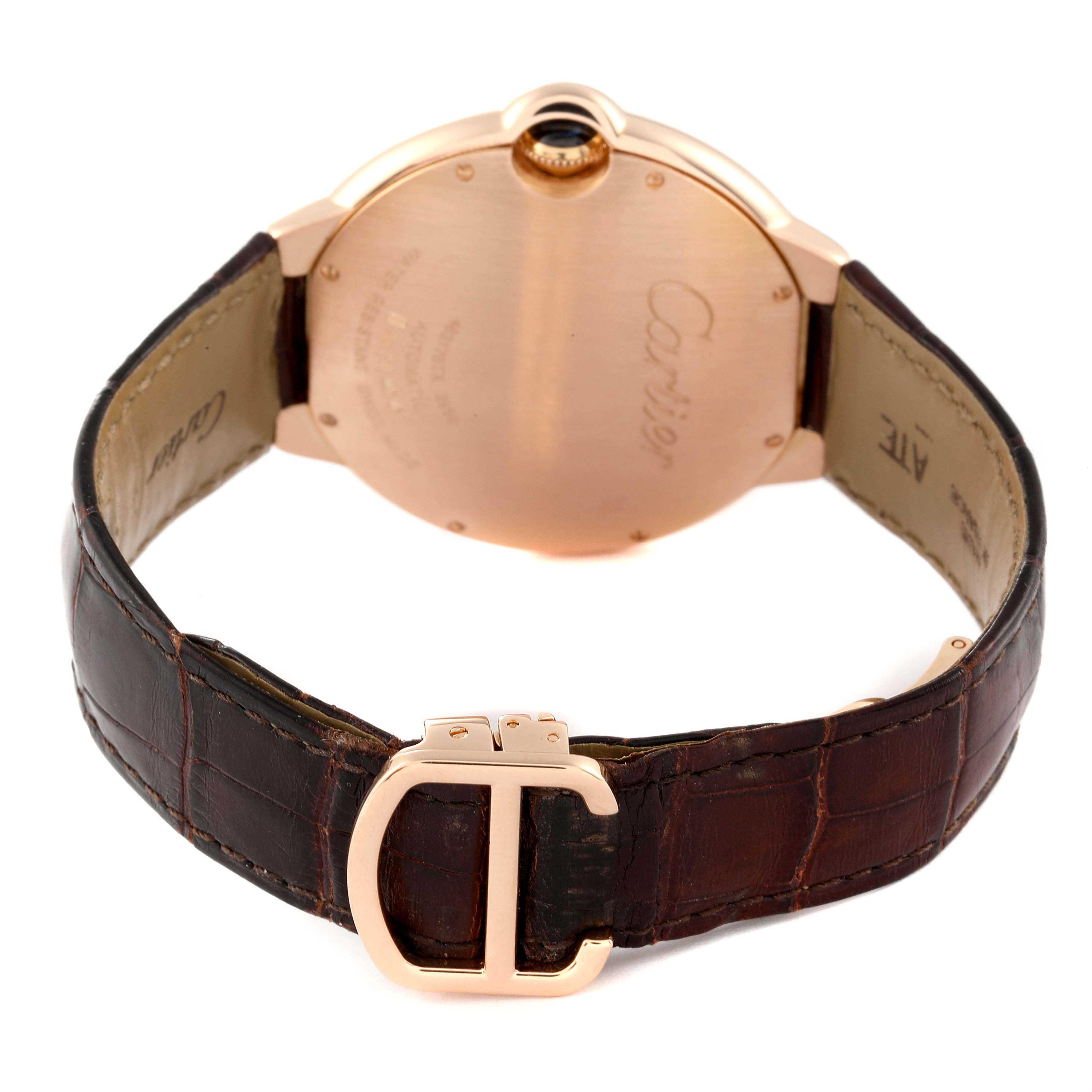 The image shows the back view of a Cartier Ballon Bleu W6900651 Men
s Rose Gold Silver Dial W6900651 Men
s Rose Gold Silver Dial watch, displaying the case back, crown, and leather strap with a deployment clasp.